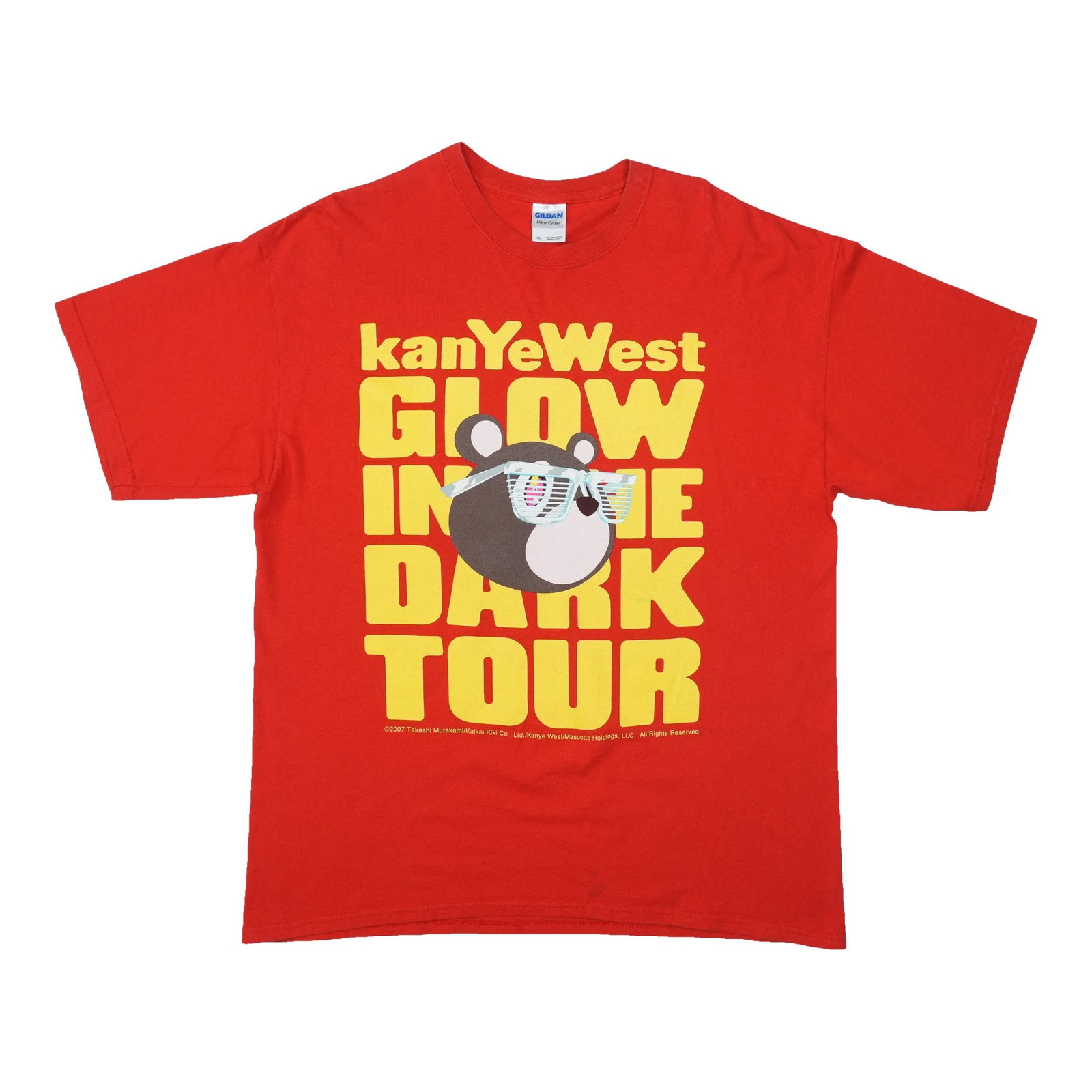 Red 2007 Kanye West Glow In The Dark Tour T Shirt XL: Red 2007 Kanye West Glow In The Dark Tour T Shirt XL Original vintage 2007 Kanye West Glow In The Dark Tour shirt with front and back graphics. This rare tee is described as a true vintage shirt, not 