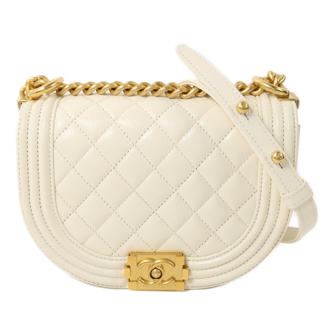 CHANEL Small Boy AS3350B White Calfskin Shoulder Bag GHW: CHANEL Small Boy AS3350B White Calfskin Shoulder Bag GHW Small Boy messenger chain shoulder bag in white calfskin with a CC turn-lock flap closure and an interior open pocket. Includes storage bags an