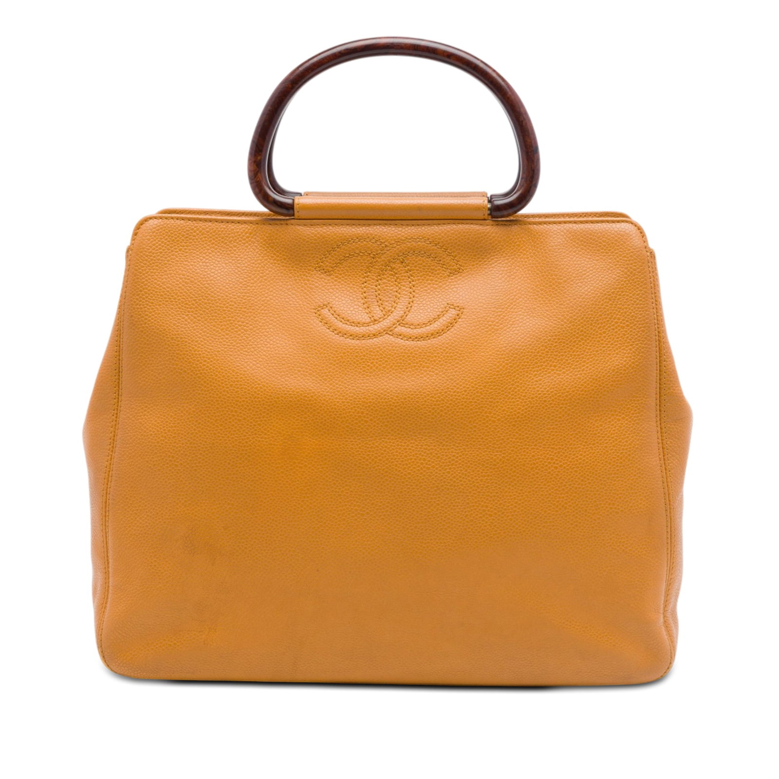 Chanel CC Caviar Tote Bag Yellow Leather Wood Handles: Chanel CC Caviar Tote Bag Yellow Leather Wood Handles A Chanel CC Caviar Wood Top Handle Tote in yellow, made in Italy. This bag features a caviar leather body, wooden top handles, an open top with ma