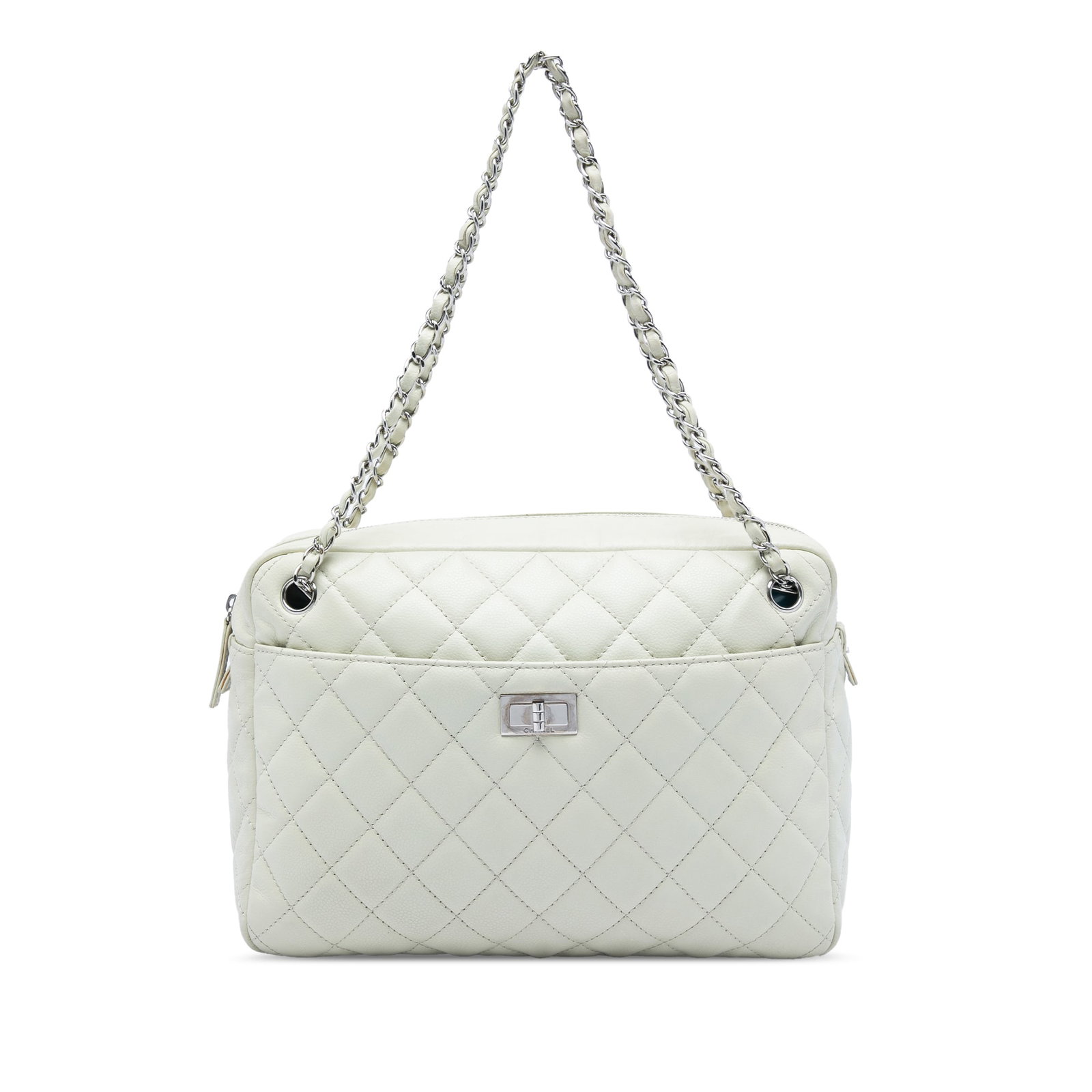 Chanel Reissue Camera Shoulder Bag in White Quilted Caviar Leather: Chanel Reissue Camera Shoulder Bag in White Quilted Caviar Leather Large Chanel Reissue Camera Bag crafted in white quilted caviar leather. This shoulder bag features leather-woven chain straps, a top