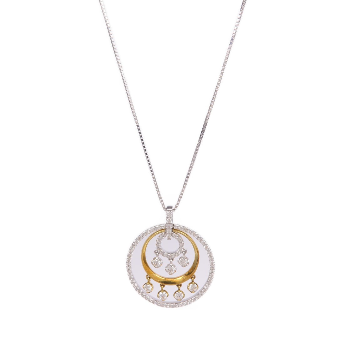 18K Yellow and White Gold Diamond Necklace for Women: 18K Yellow and White Gold Diamond Necklace for Women A women's necklace featuring diamond and K18 yellow gold with K18WG white gold accents. The piece is described as clear in color and made in Hong K