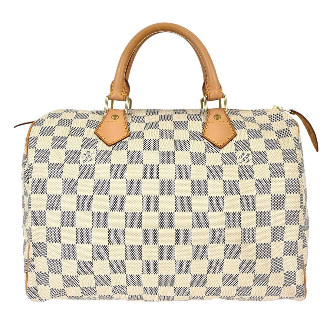 Louis Vuitton Speedy 30 Damier Azur leather canvas duffle bag N41533: Louis Vuitton Speedy 30 Damier Azur leather canvas duffle bag N41533 This Louis Vuitton Speedy 30 handbag features the Damier Azur pattern and a duffle style silhouette. It is a small women's bag with