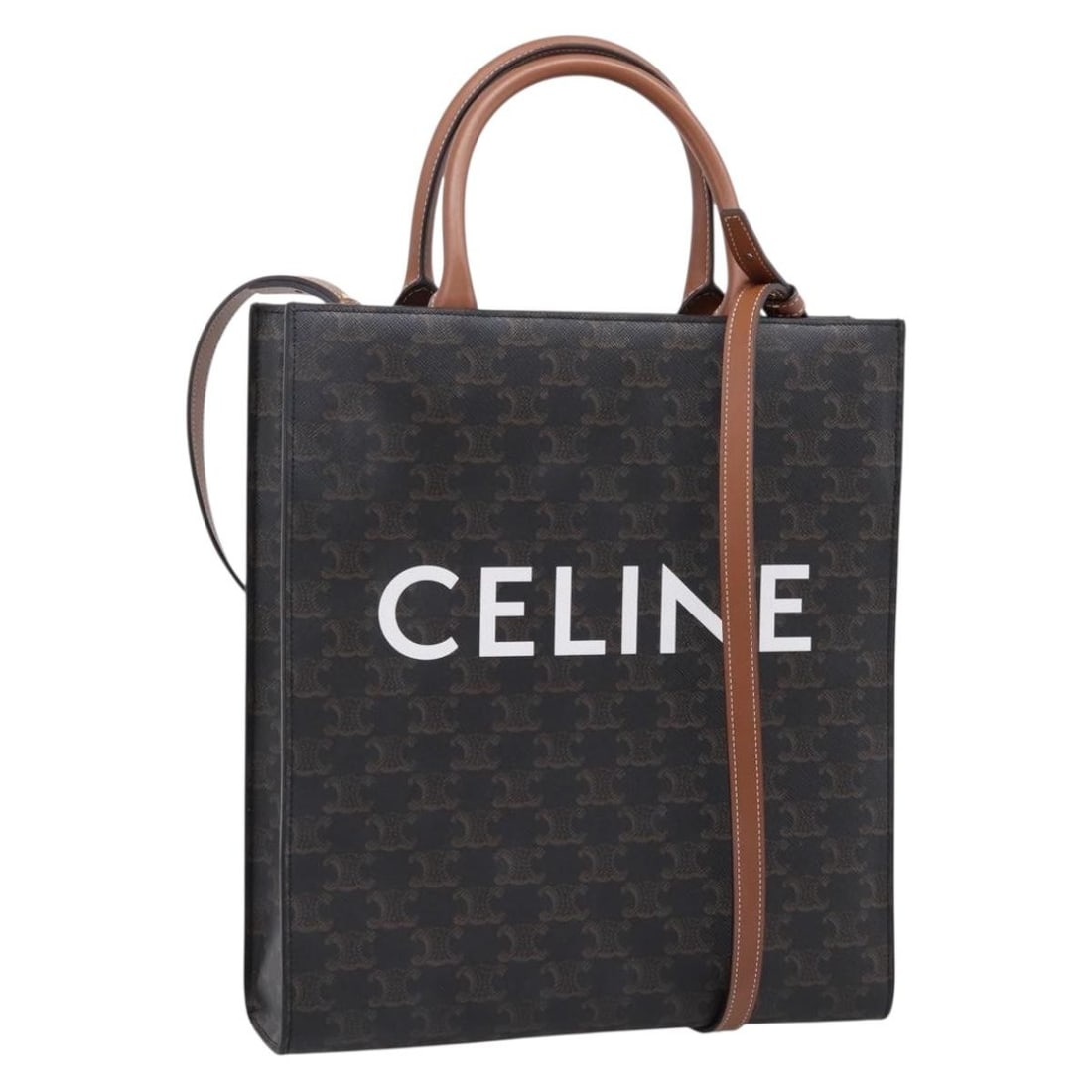 CELINE Macadam Vertical Cabas Small Brown PVC Leather Hand Bag: CELINE Macadam Vertical Cabas Small Brown PVC Leather Hand Bag Celine Macadam canvas vertical cabas small handbag in brown with gold-tone accents. Made in Italy, this women's bag is crafted from PVC l