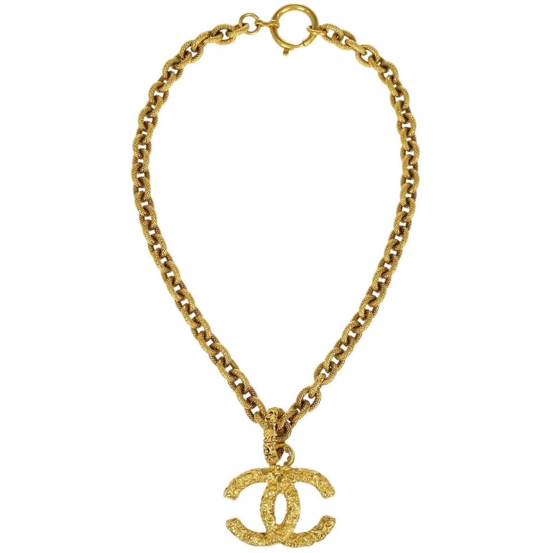 CHANEL 93A Gold Plated CC Charm Necklace: CHANEL 93A Gold Plated CC Charm Necklace Gold-plated chain pendant necklace featuring a CC charm pendant in gold color. The necklace is described as being in very good condition with minor dirt, and i