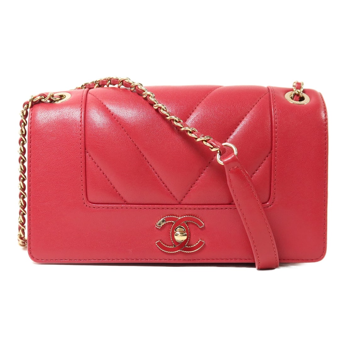 CHANEL CC red calfskin shoulder bag with chain strap (1 of 16)