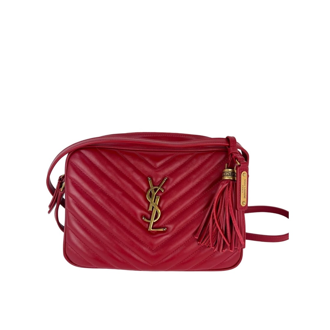 YVES SAINT LAURENT Lou Camera Red Matelasse Crossbody Bag with Gold Hardware: YVES SAINT LAURENT Lou Camera Red Matelasse Crossbody Bag with Gold Hardware Elevate your accessory game with the YVES SAINT LAURENT Matelasse Calfskin Lou Camera Crossbody Bag in a stunning red hue. 