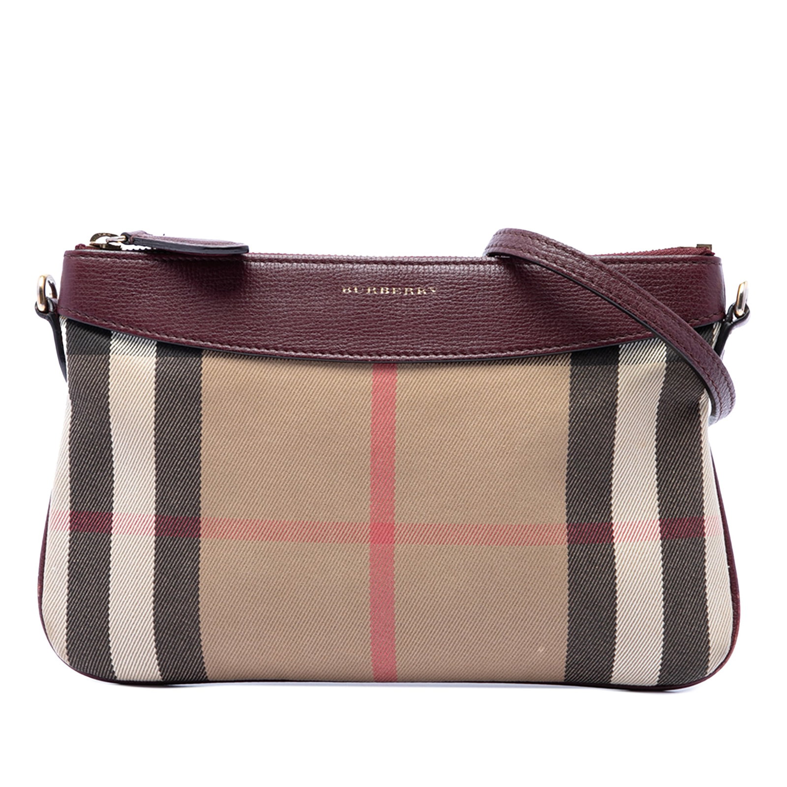Burberry Peyton Crossbody Bag in House Check Canvas: Burberry Peyton Crossbody Bag in House Check Canvas Burberry Peyton crossbody bag in House Check canvas with leather trim. This compact design features a detachable flat leather strap, top zip closure
