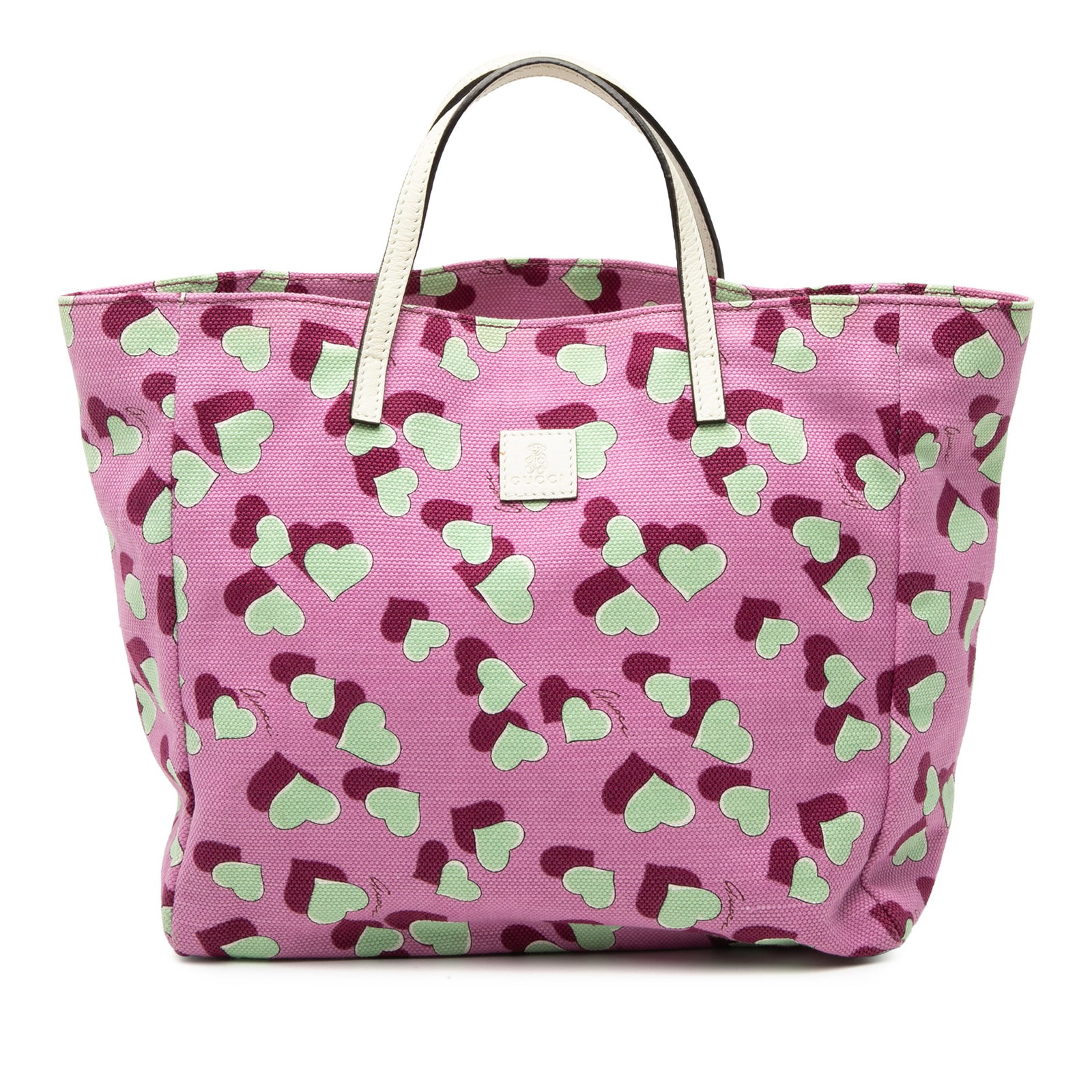 Gucci Heartbeat Print Tote Bag for Kids Pink Canvas: Gucci Heartbeat Print Tote Bag for Kids Pink Canvas This Gucci Kids Canvas Heartbeat Tote features a printed canvas body in pink, flat leather straps, an open top, and an interior slip pocket. The bag
