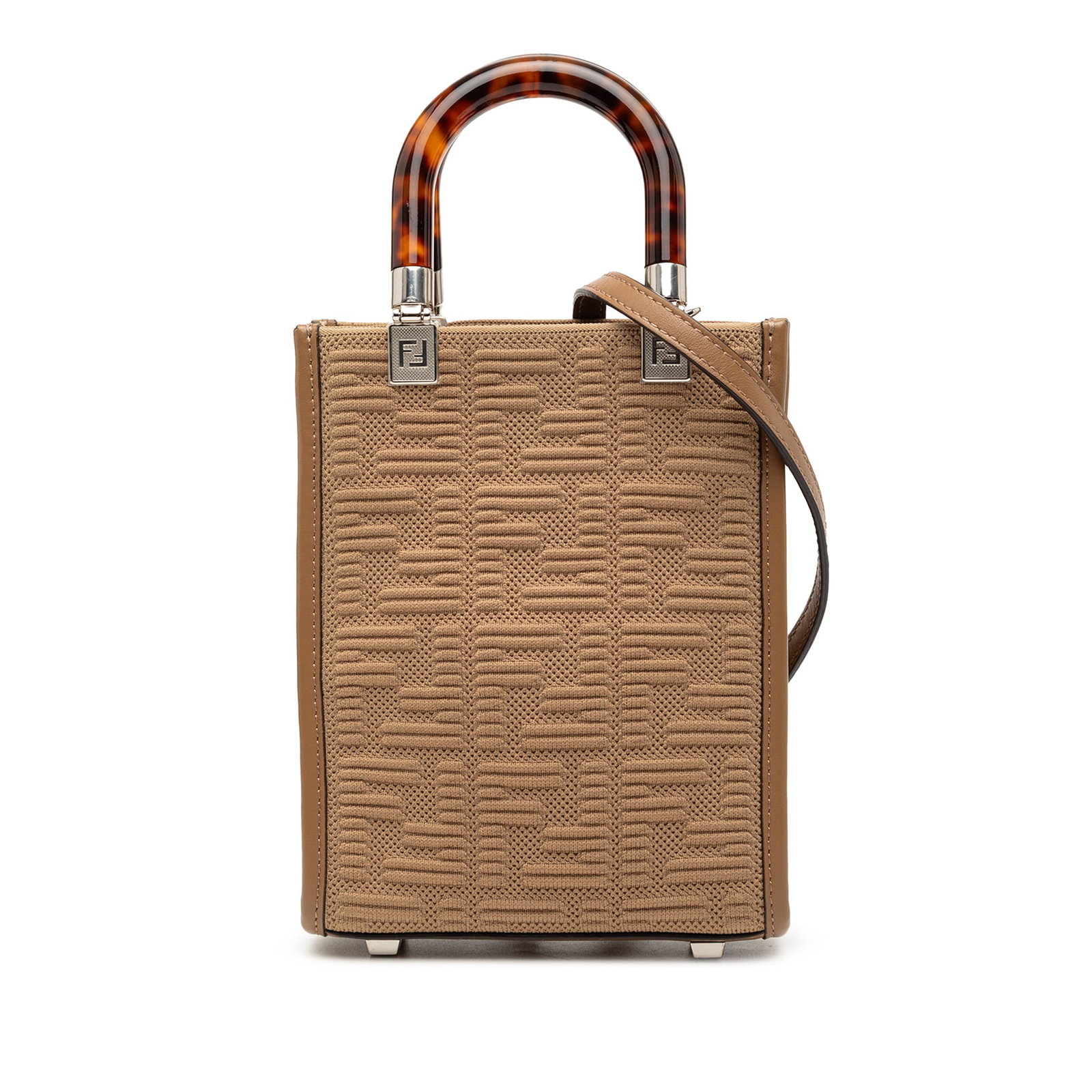 Mini Sunshine Shopper Tote by Fendi in Zucca Embossed Technical Fabric: Mini Sunshine Shopper Tote by Fendi in Zucca Embossed Technical Fabric This Fendi Mini Zucca Embossed Technical Fabric Sunshine Shopper Tote features a nylon body with an embossed Zucca pattern, acryl