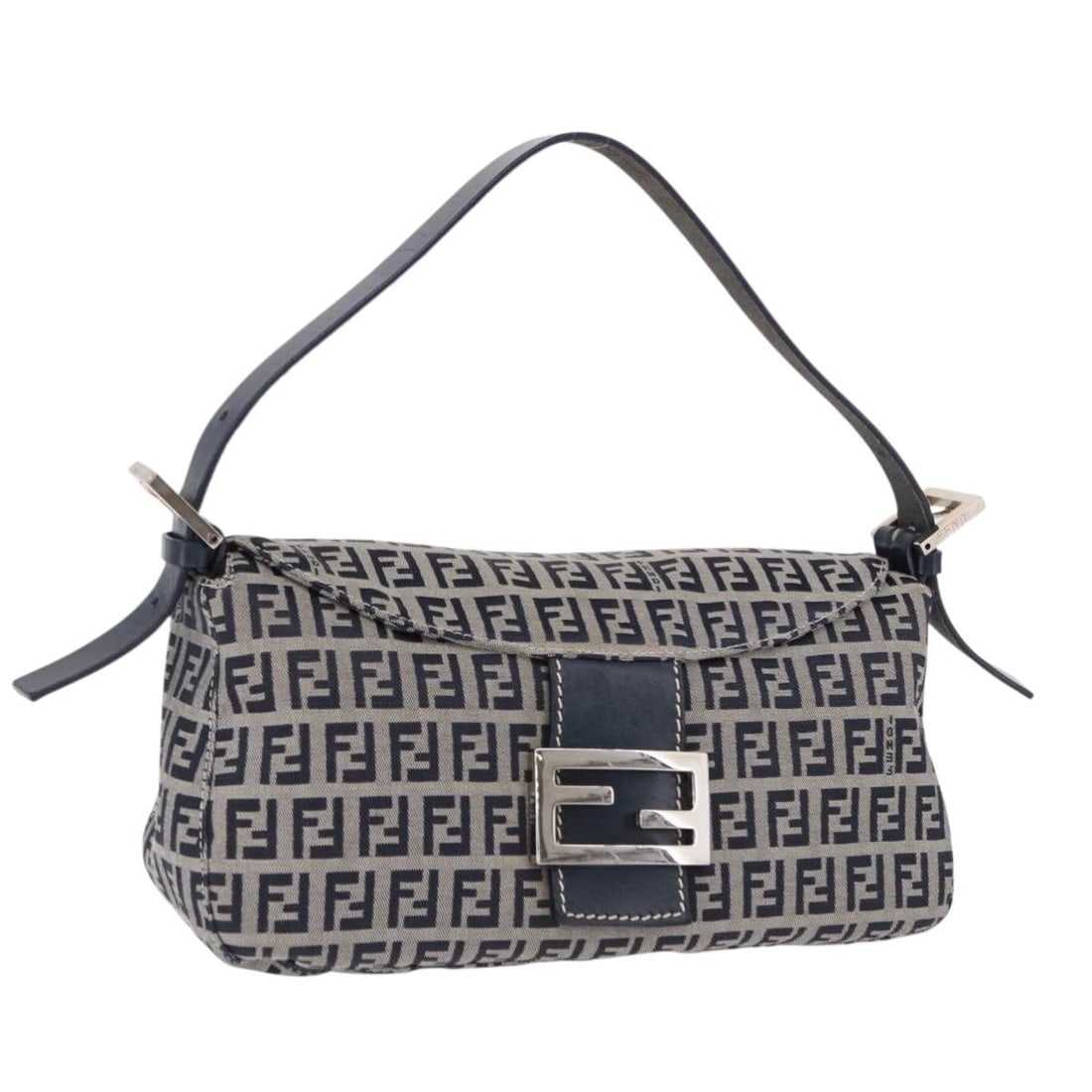 Fendi Mamma Baguette Shoulder Bag Zucchino Canvas Navy Silver: Fendi Mamma Baguette Shoulder Bag Zucchino Canvas Navy Silver Fendi Mamma Baguette shoulder bag in Zucchino canvas with a navy and silver colorway. Made in Italy, this women's bag features a shoulder 