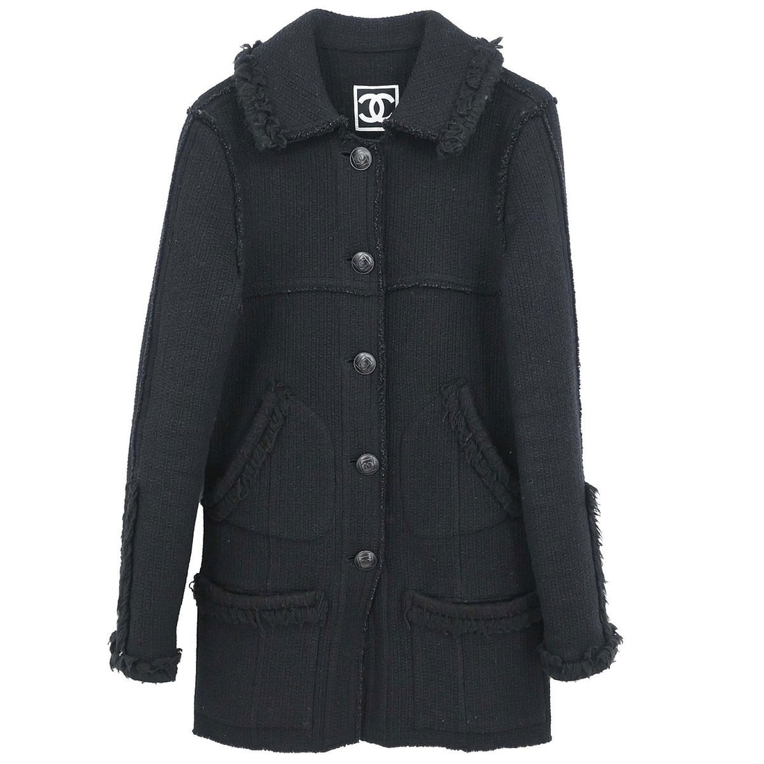 Chanel Sport Line Womens Black Wool Overcoat Jacket Size 38: Chanel Sport Line Womens Black Wool Overcoat Jacket Size 38 Vintage Chanel Sport Line single-breasted long jacket in black wool. This women's overcoat features a button front, long sleeves, logo accen