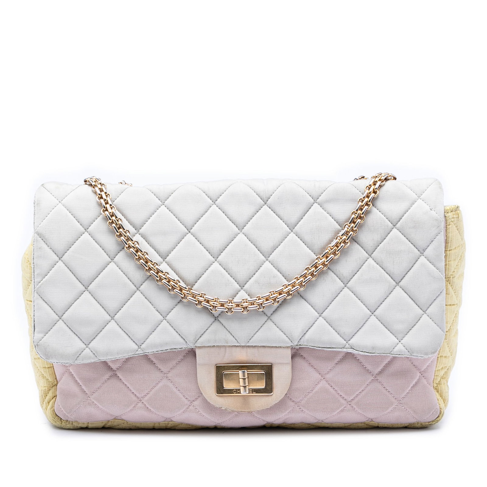 Chanel Reissue 2.55 Tricolor Quilted Satin Flap Bag 227: Chanel Reissue 2.55 Tricolor Quilted Satin Flap Bag 227 This Chanel Tricolor Quilted Grosgrain Satin Reissue 2.55 Single Flap 227 is a sophisticated shoulder bag crafted from quilted satin in a striki