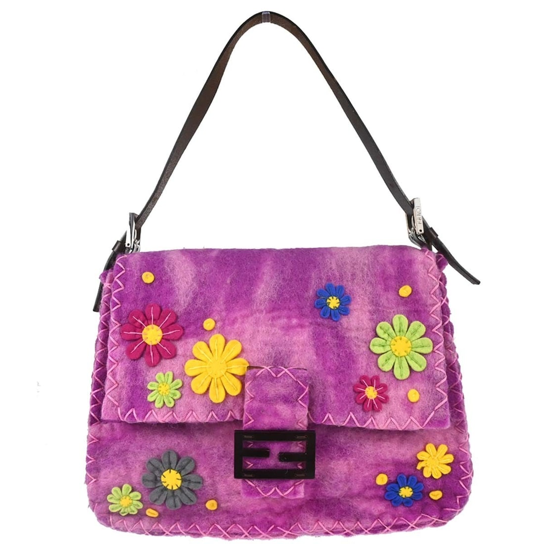 Fendi Mamma Baguette Purple Felt Shoulder Bag: Fendi Mamma Baguette Purple Felt Shoulder Bag Fendi Mamma Baguette handbag in purple felt patchwork with leather trim and silver-tone hardware. This medium shoulder bag features a magnetic closure, ad