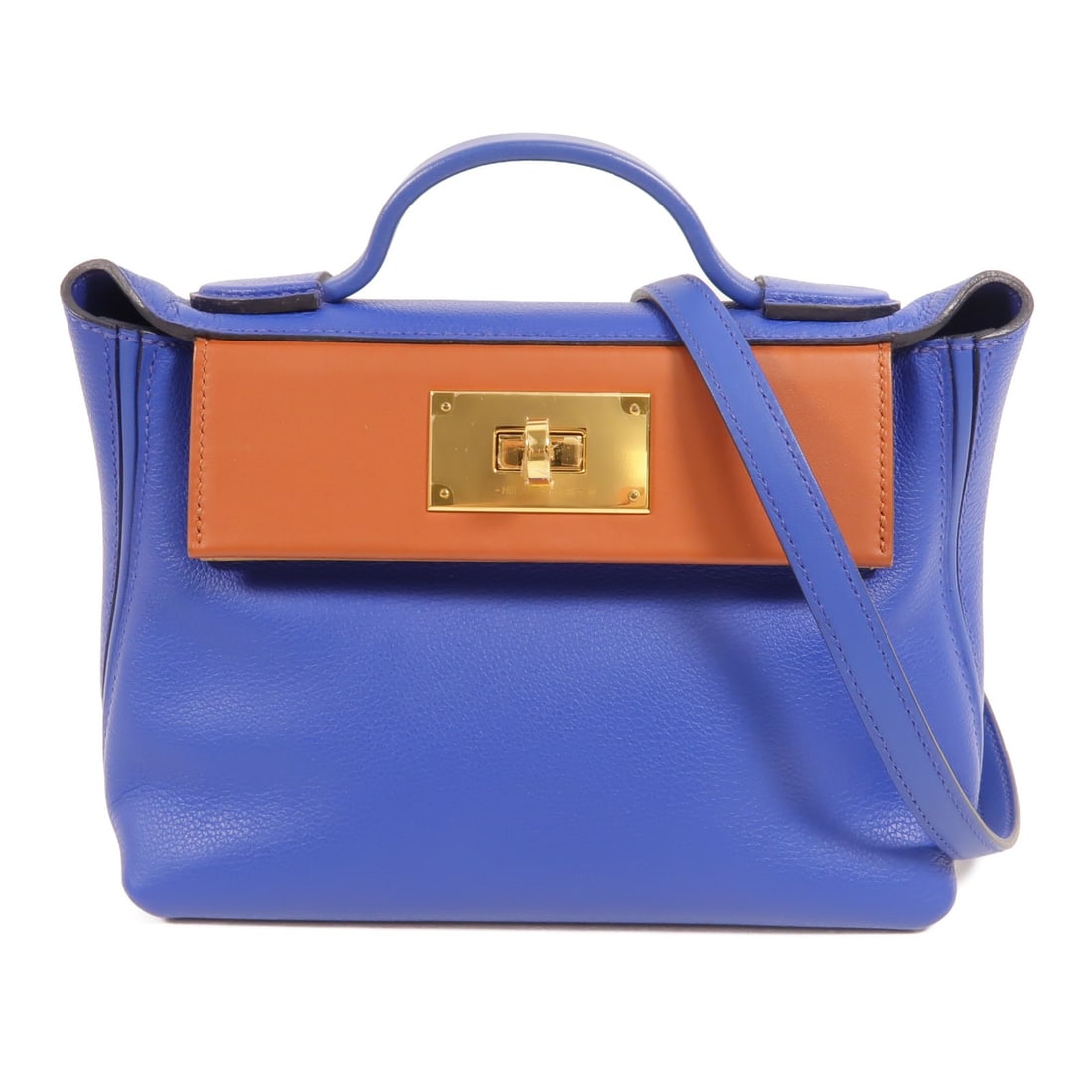 Hermes 24 24 Mini Blue Swift Calfskin 2 Way Shoulder Bag: Hermes 24 24 Mini Blue Swift Calfskin 2 Way Shoulder Bag Hermes 24/24 Mini 2-way shoulder bag in blue Swift leather and calfskin with a structured silhouette and turn-lock closure. This women's handba