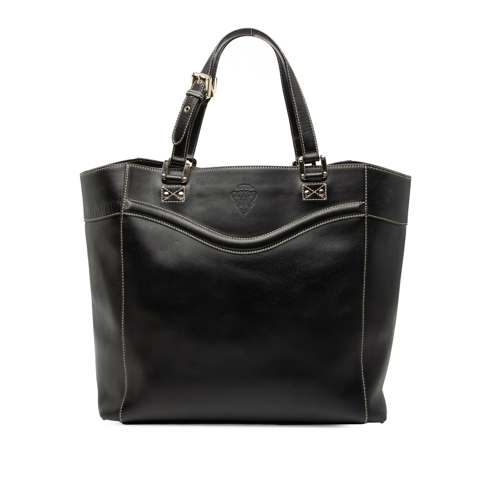 Black Leather Gucci Hysteria Crest Tote Bag with Interior Zip Pockets: Black Leather Gucci Hysteria Crest Tote Bag with Interior Zip Pockets The Gucci Leather Hysteria Crest Tote features a black leather body with flat leather straps, an open top, and interior zip and sl