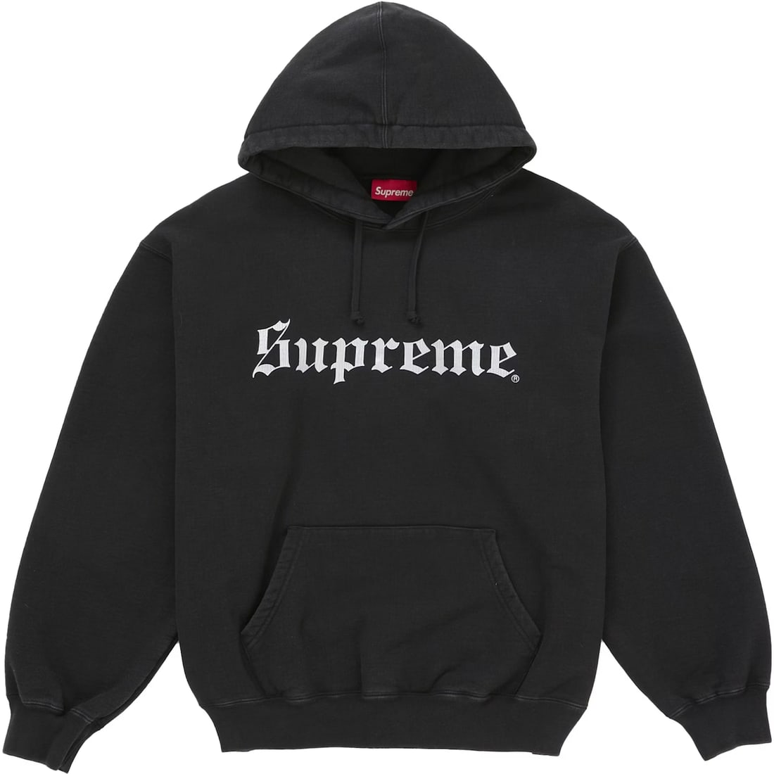Supreme Washed Old English Hoodie Black Cotton Medium: Supreme Washed Old English Hoodie Black Cotton Medium Black hoodie featuring the Old English Supreme logo across the chest. Made from washed cotton, it has a soft, broken-in feel with a relaxed fit, a