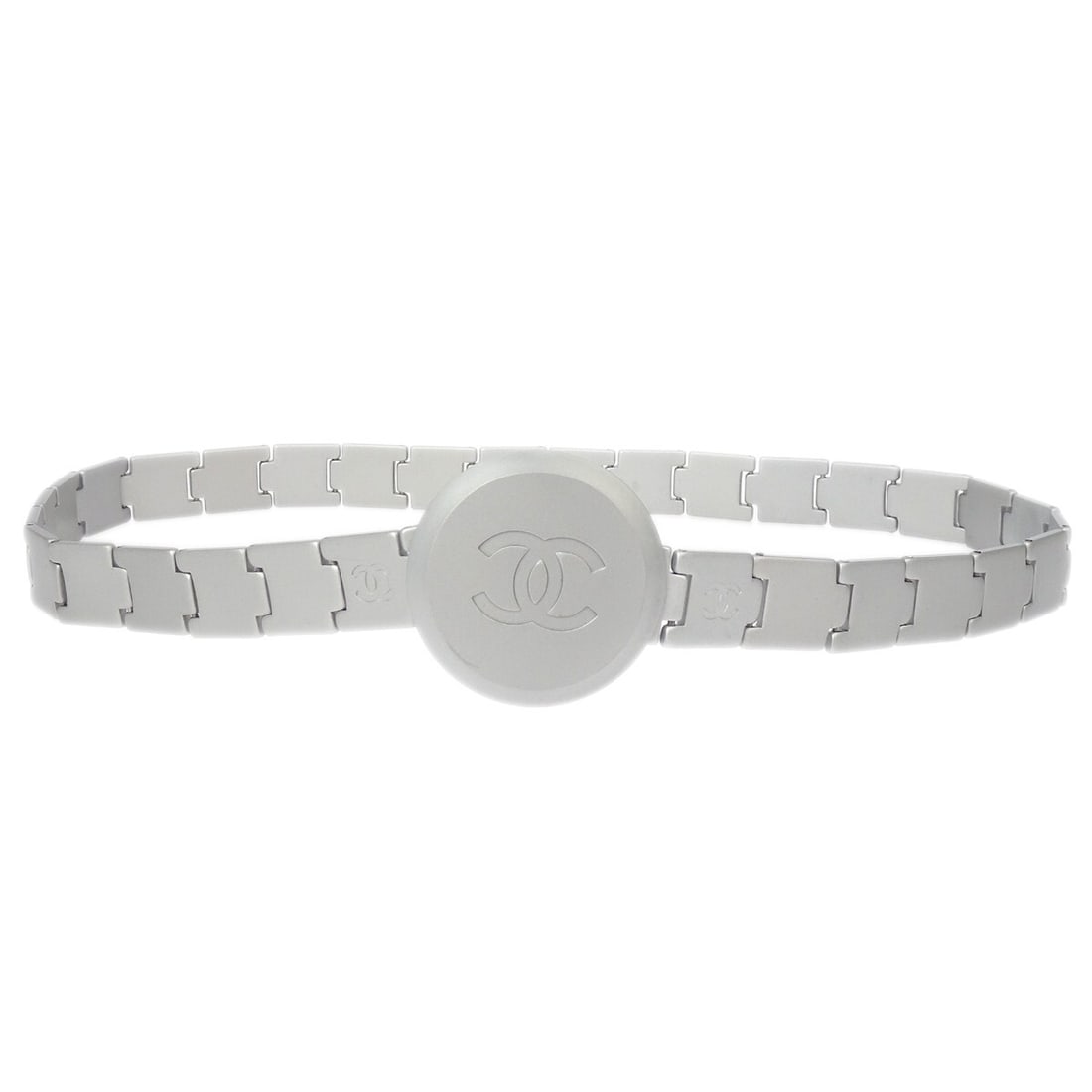 Silver Plated Chain Belt with CC Logo by Chanel 99P Collection: Silver Plated Chain Belt with CC Logo by Chanel 99P Collection This Chanel CC chain belt features a silver-plated finish and classic chain design. Designed for women, it is a stylish accessory crafted