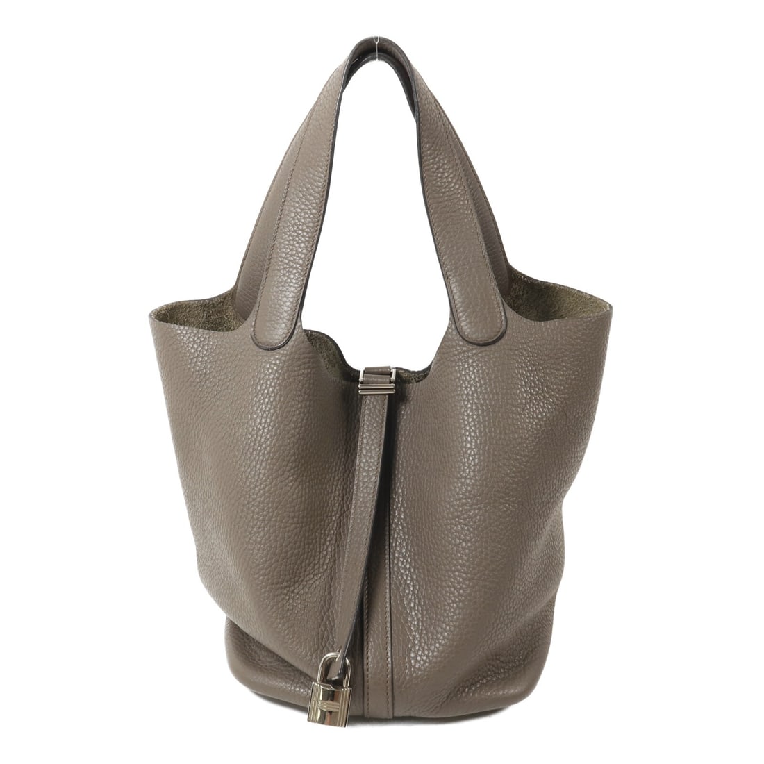 Hermes Picotin MM Taurillon Clemence Calfskin Handbag Etain PHW: Hermes Picotin MM Taurillon Clemence Calfskin Handbag Etain PHW A Picotin MM hand bag in Taurillon Clemence leather with calfskin trim, presented in Etain. It includes belt hardware and comes with a k