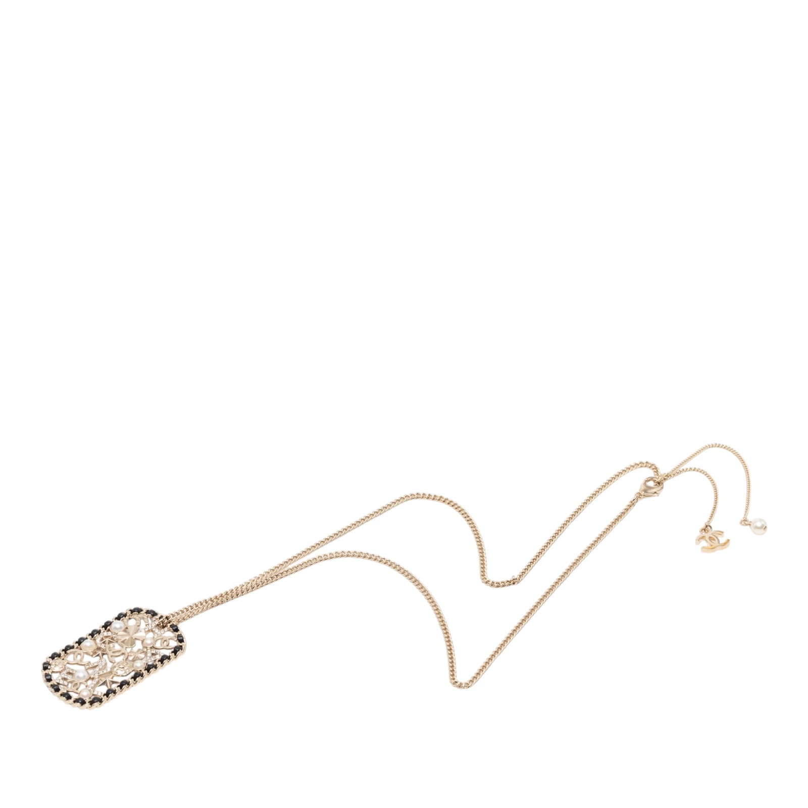 Chanel CC Clover Star Pendant Necklace Gold Tone Leather Woven Chain: Chanel CC Clover Star Pendant Necklace Gold Tone Leather Woven Chain Estate Chanel pendant necklace with a gold tone metal body, leather woven chain, strass embellishments, and a lobster clasp closure