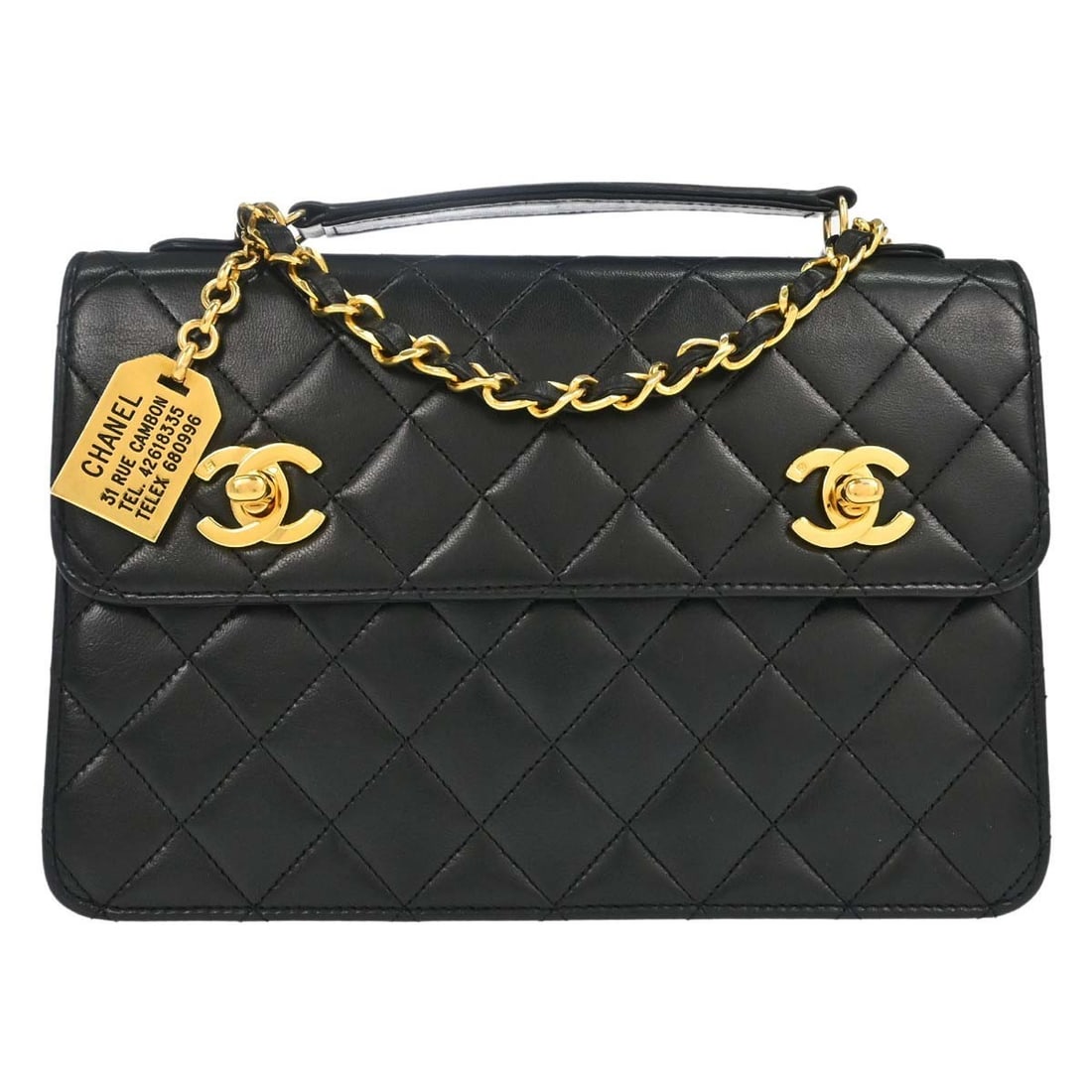 CHANEL Single Chain Shoulder top handle bag black lambskin quilted: CHANEL Single Chain Shoulder top handle bag black lambskin quilted Black lambskin Chanel 2way handbag with a matelasse quilted finish, turn lock closure, top handle, and chain strap. The interior is l