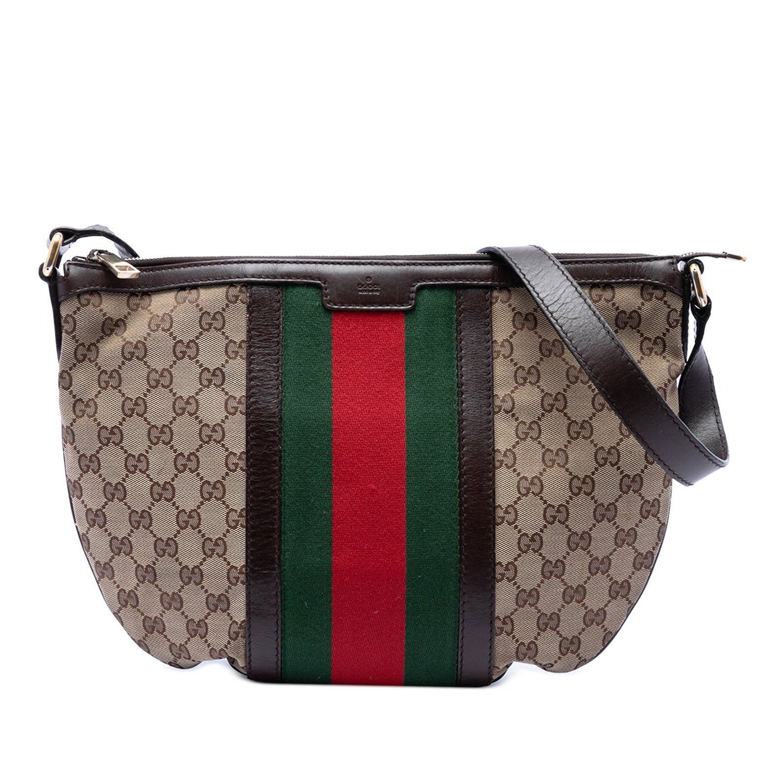 Gucci GG Canvas Half Moon Crossbody Bag with Web Stripe: Gucci GG Canvas Half Moon Crossbody Bag with Web Stripe Gucci Medium GG Canvas Web Half Moon Crossbody bag crafted with a canvas body and leather trim. It features an adjustable flat strap, a top zip 