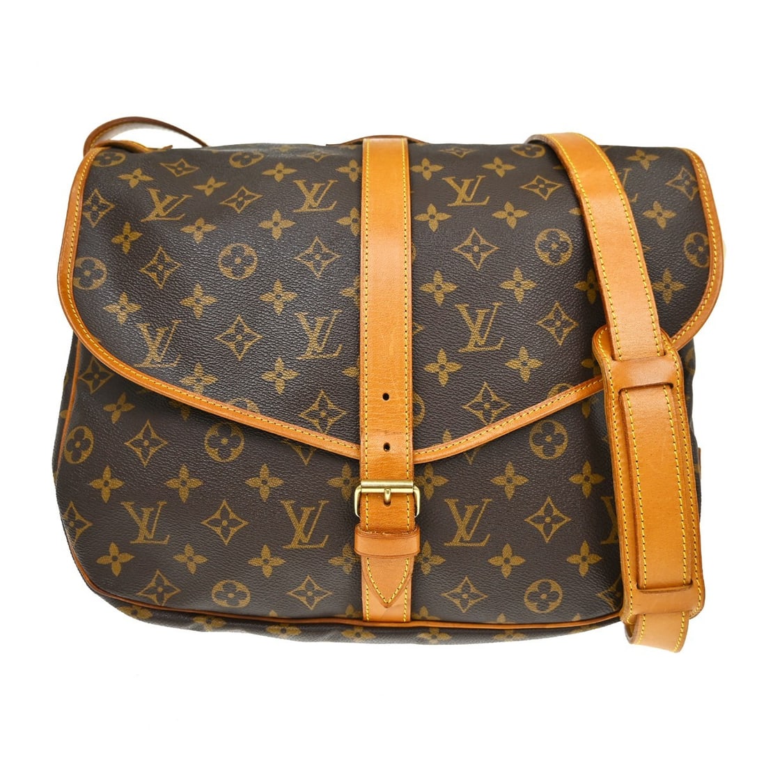 Louis Vuitton Saumur 35 Monogram Crossbody Shoulder Bag M42254: Louis Vuitton Saumur 35 Monogram Crossbody Shoulder Bag M42254 Vintage Louis Vuitton Saumur 35 shoulder bag in brown Monogram canvas with leather trim and a buckle closure. This unisex bag features a 