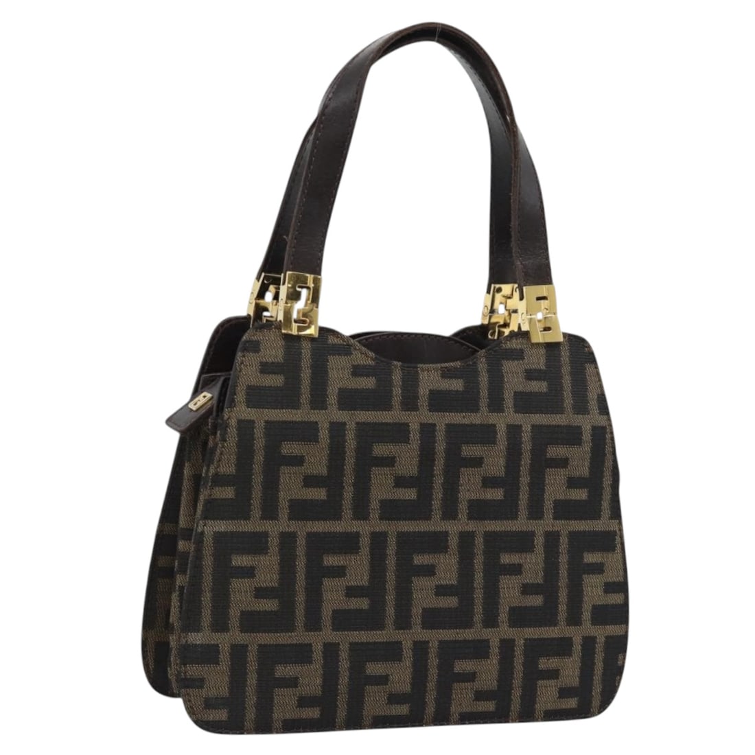 FENDI Zucca Canvas Hand Bag Brown Gold Tone Italy: FENDI Zucca Canvas Hand Bag Brown Gold Tone Italy Fendi handbag in brown Zucca canvas with gold-tone accents. Made in Italy, this women's bag shows reasonable wear and tear consistent with condition r