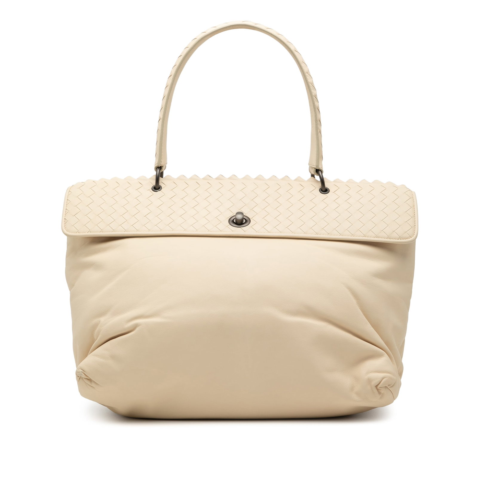 Intrecciato Trimmed Nappa Tina White Leather Shoulder Bag by Bottega Veneta: Intrecciato Trimmed Nappa Tina White Leather Shoulder Bag by Bottega Veneta This Bottega Veneta Intrecciato Trimmed Nappa Tina Handbag features a white leather body with a flat leather top handle, a f