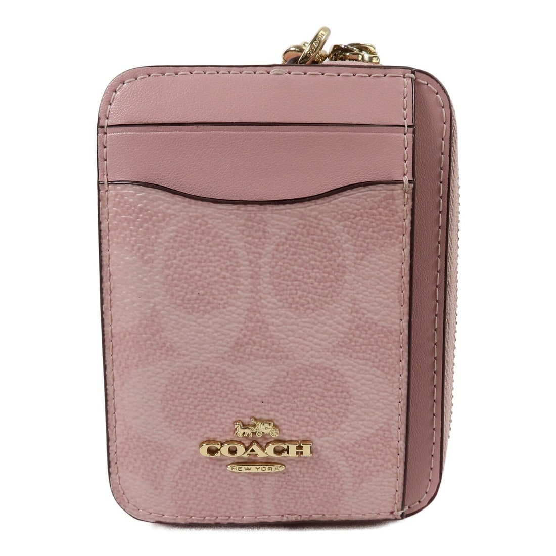COACH CW883 Pink Coated Canvas Zip Card Case: COACH CW883 Pink Coated Canvas Zip Card Case This COACH zip card case is crafted from PVC coated canvas in pink. It features a compact design with one open fastener pocket and three card slots. The it