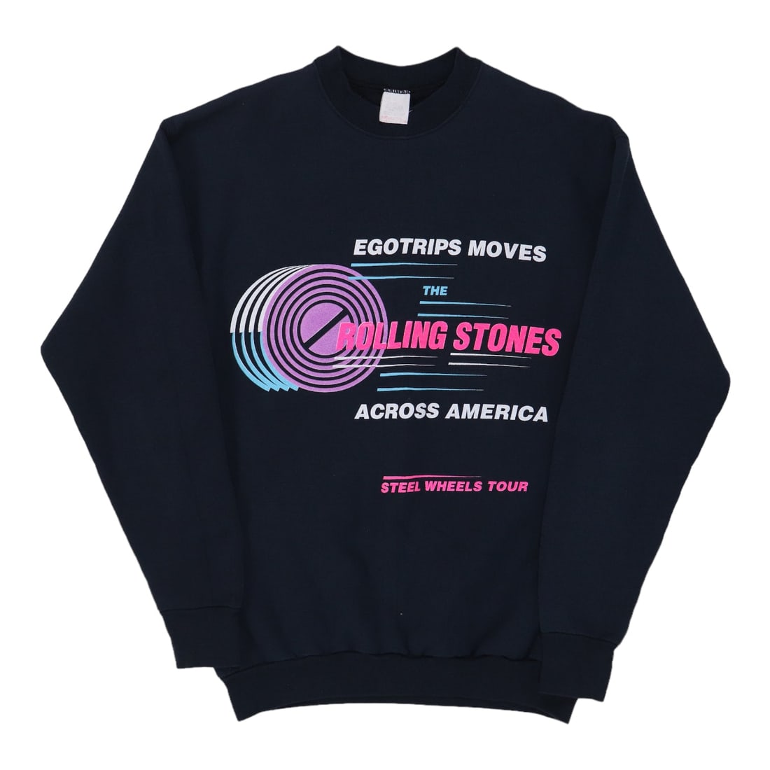 Black Crew Sweatshirt Rolling Stones Steel Wheels Tour 1989: Black Crew Sweatshirt Rolling Stones Steel Wheels Tour 1989 Authentic original vintage 1989 Rolling Stones Steel Wheels Tour crew sweatshirt in black. This is a true vintage piece, not a modern reprod