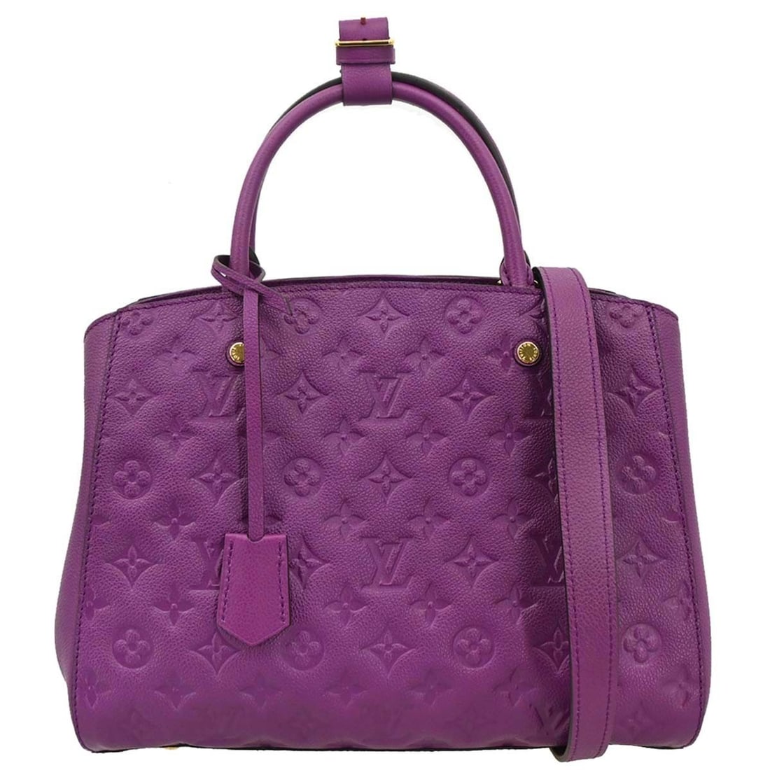 Louis Vuitton Montaigne MM Purple Monogram Empreinte 2way Tote M41046: Louis Vuitton Montaigne MM Purple Monogram Empreinte 2way Tote M41046 Louis Vuitton Montaigne MM 2-way tote handbag in purple Monogram Empreinte leather. This women's top handle bag features a zip clo