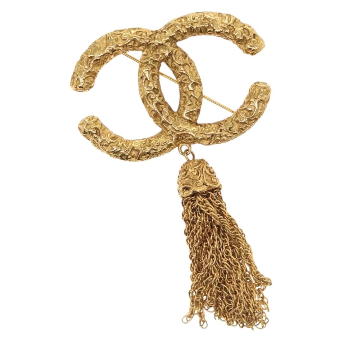Gold Tone Metal CC Fringe Brooch CHANEL Coco Mark France: Gold Tone Metal CC Fringe Brooch CHANEL Coco Mark France Authentic CHANEL COCO Mark Lava Fringe brooch in gold-tone metal. Made in France, this women's brooch includes the dust bag and item box. Condi
