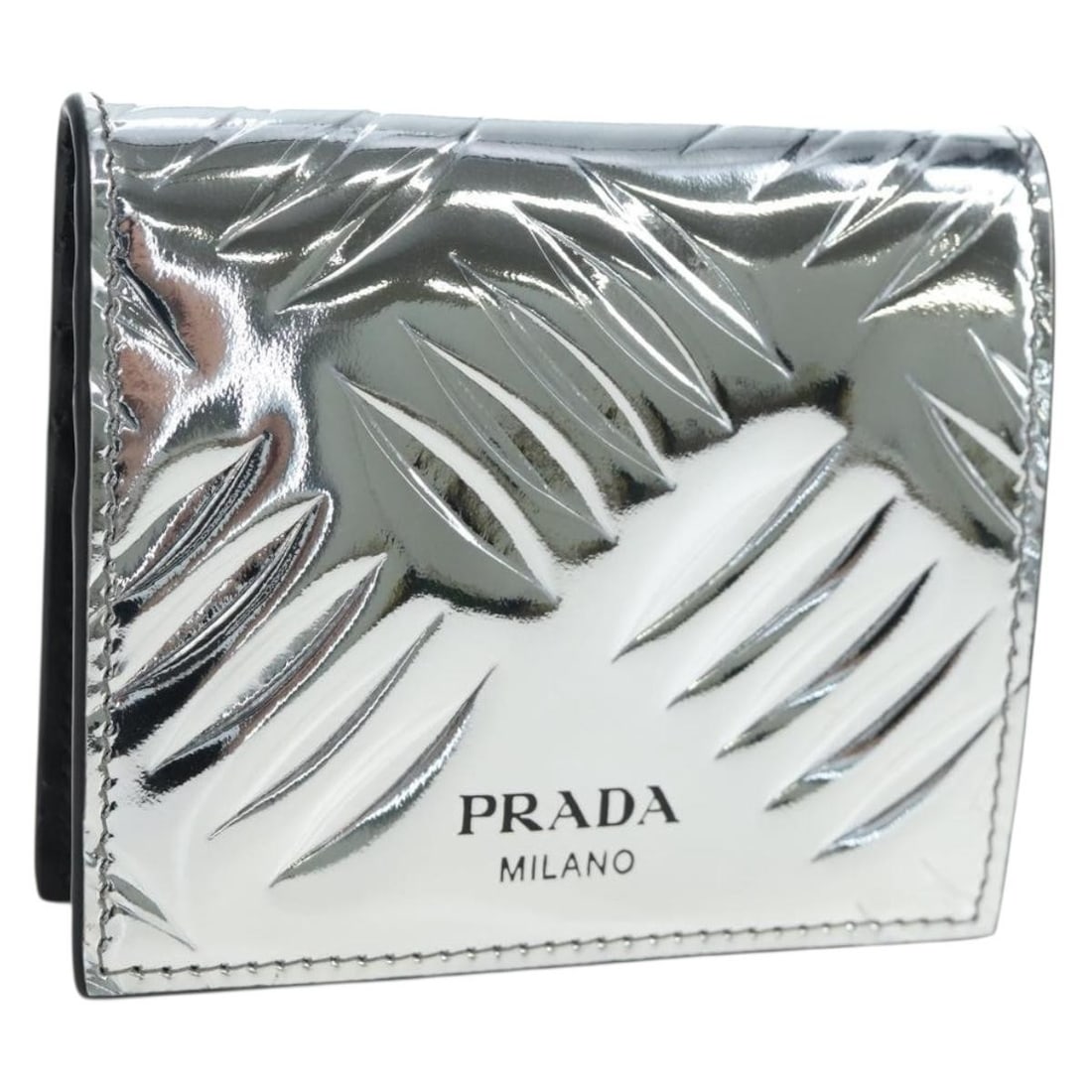 PRADA Silver Leather Bifold Wallet with Box Made in Italy: PRADA Silver Leather Bifold Wallet with Box Made in Italy Prada bifold wallet in silver brushed leather. Made in Italy, this women's wallet includes the item box and is presented in pristine condition
