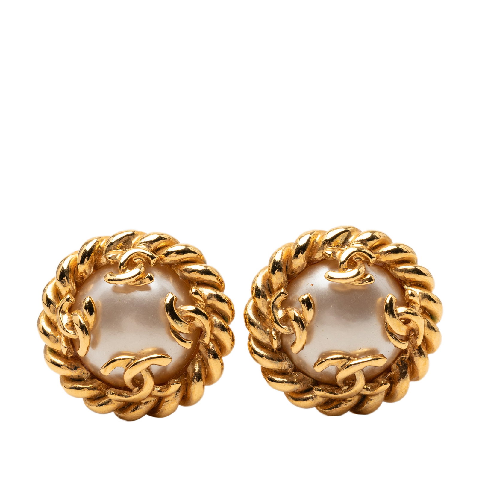 Chanel CC Faux Pearl Gold Tone Clip On Earrings: Chanel CC Faux Pearl Gold Tone Clip On Earrings These Chanel CC earrings feature gold-tone metal with faux pearl embellishments and secure clip-on backs. Crafted in France, they are a classic costume 
