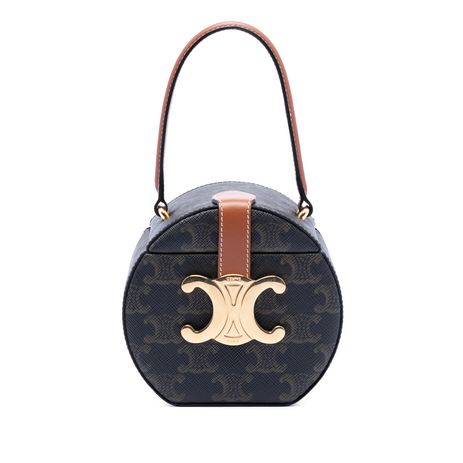 Celine Triomphe Brown Coated Canvas Round Box Purse with Leather Trim (1 of 6)