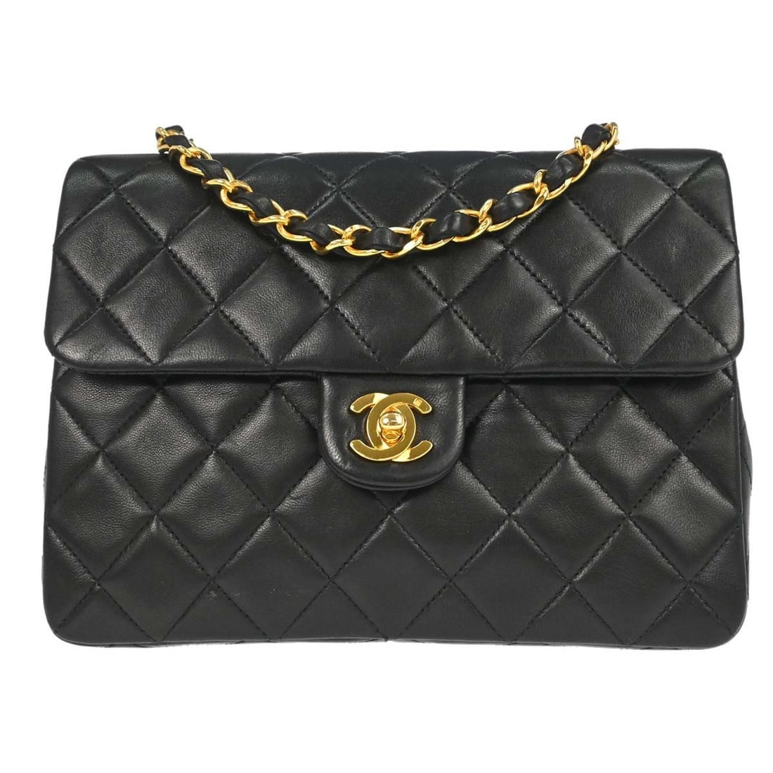 CHANEL Classic Flap square shoulder bag black lambskin chain strap: CHANEL Classic Flap square shoulder bag black lambskin chain strap Chanel Classic Square Flap shoulder bag in black lambskin leather with a matelasse quilted finish and flap turnlock closure. This sma