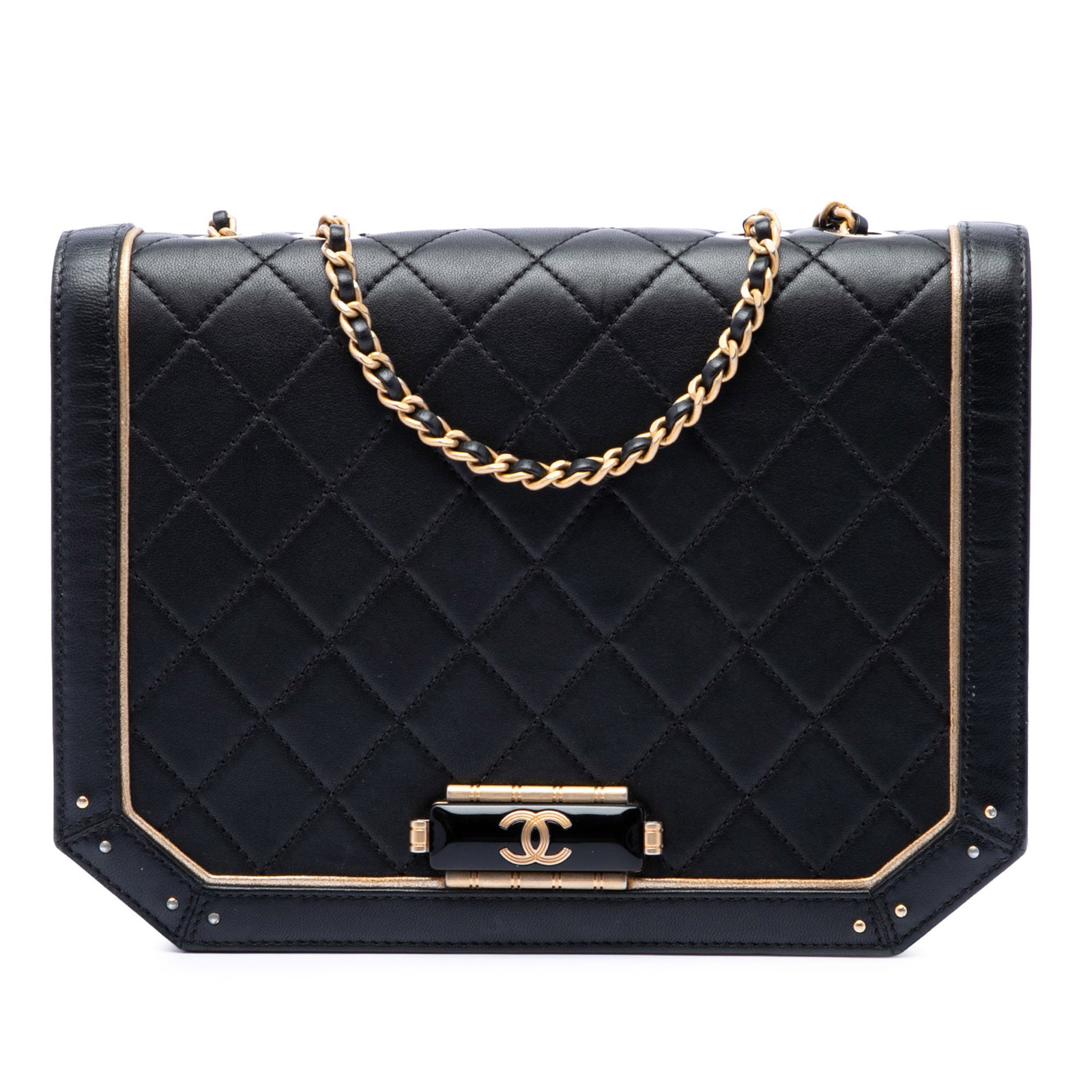 Chanel Octagon CC Clasp Flap Black Quilted Calfskin Bag: Chanel Octagon CC Clasp Flap Black Quilted Calfskin Bag A Chanel flap bag crafted in quilted calf leather with a leather-woven chain strap and leather guard. The design features a front flap with an O