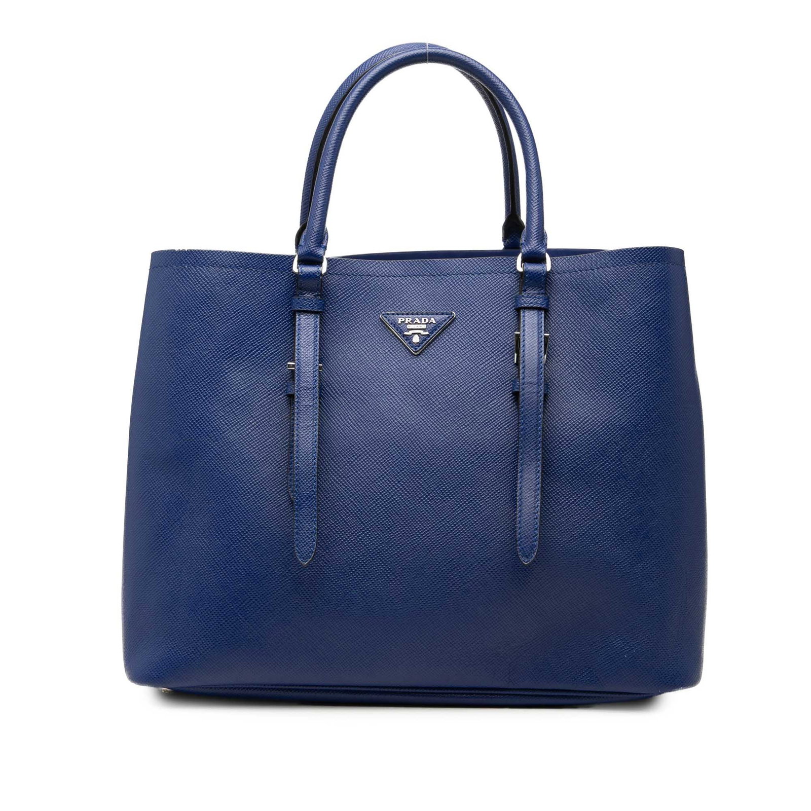 Prada Saffiano Cuir Medium Leather Satchel with Double Handles: Prada Saffiano Cuir Medium Leather Satchel with Double Handles Prada Medium Saffiano Cuir Double Handle Satchel in blue leather with rolled top handles, an open top, side magnetic snap closures, and a
