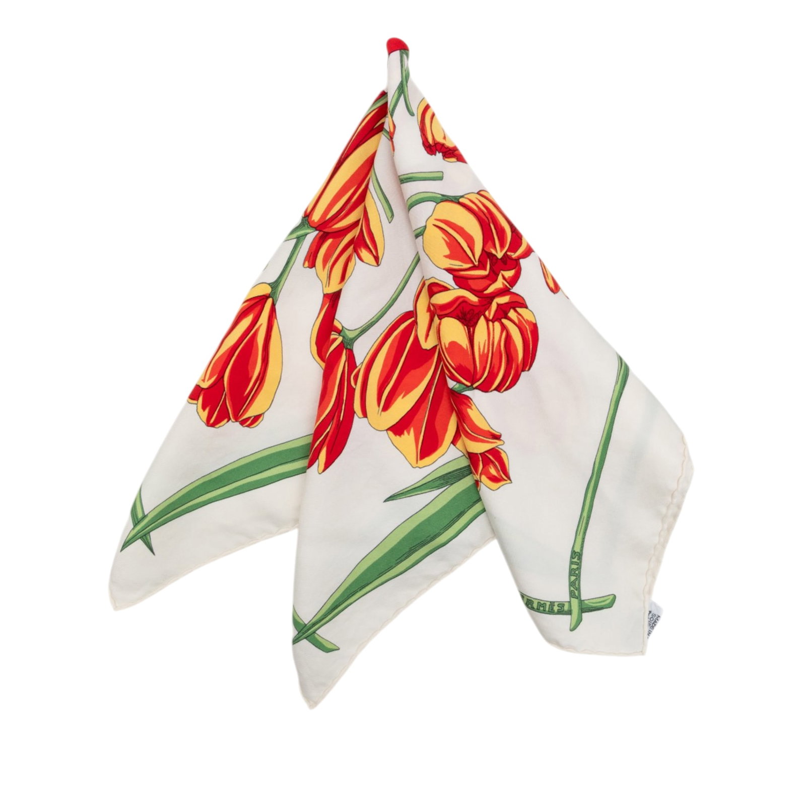 Hermes Tulipomanie 45 silk pocket scarf in white: Hermes Tulipomanie 45 silk pocket scarf in white Hermes Tulipomanie Silk Pocket Scarf 45 in white with a printed design. Made in France, this accessory is crafted from 100% silk. Condition is AB, with