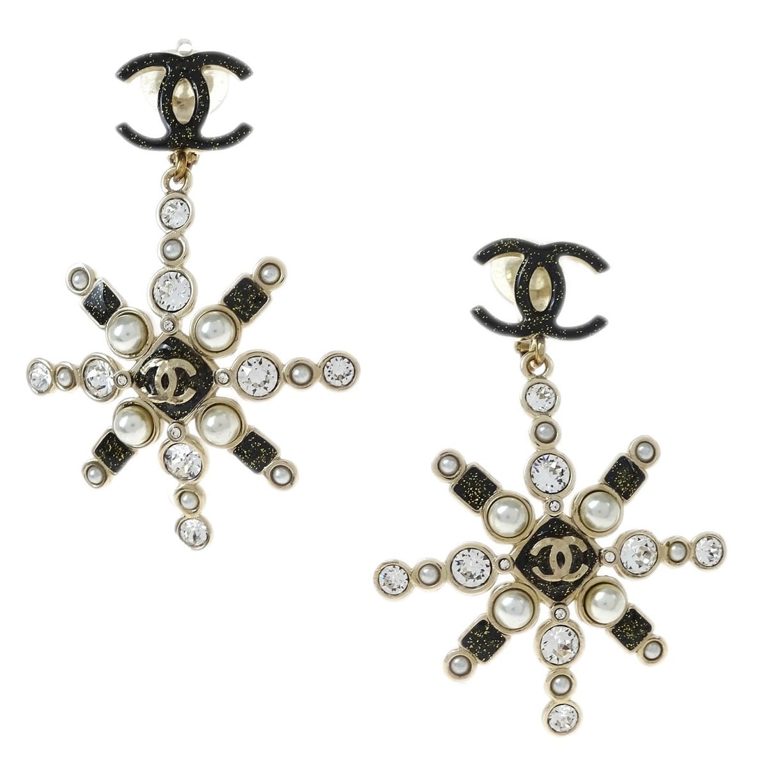 Chanel B19B Snowflake Clip On Dangle Earrings Rhinestone: Chanel B19B Snowflake Clip On Dangle Earrings Rhinestone Clip-on Chanel dangle earrings featuring a snowflake-inspired design with rhinestone accents. Made in Italy, this pair is finished in gold, bla