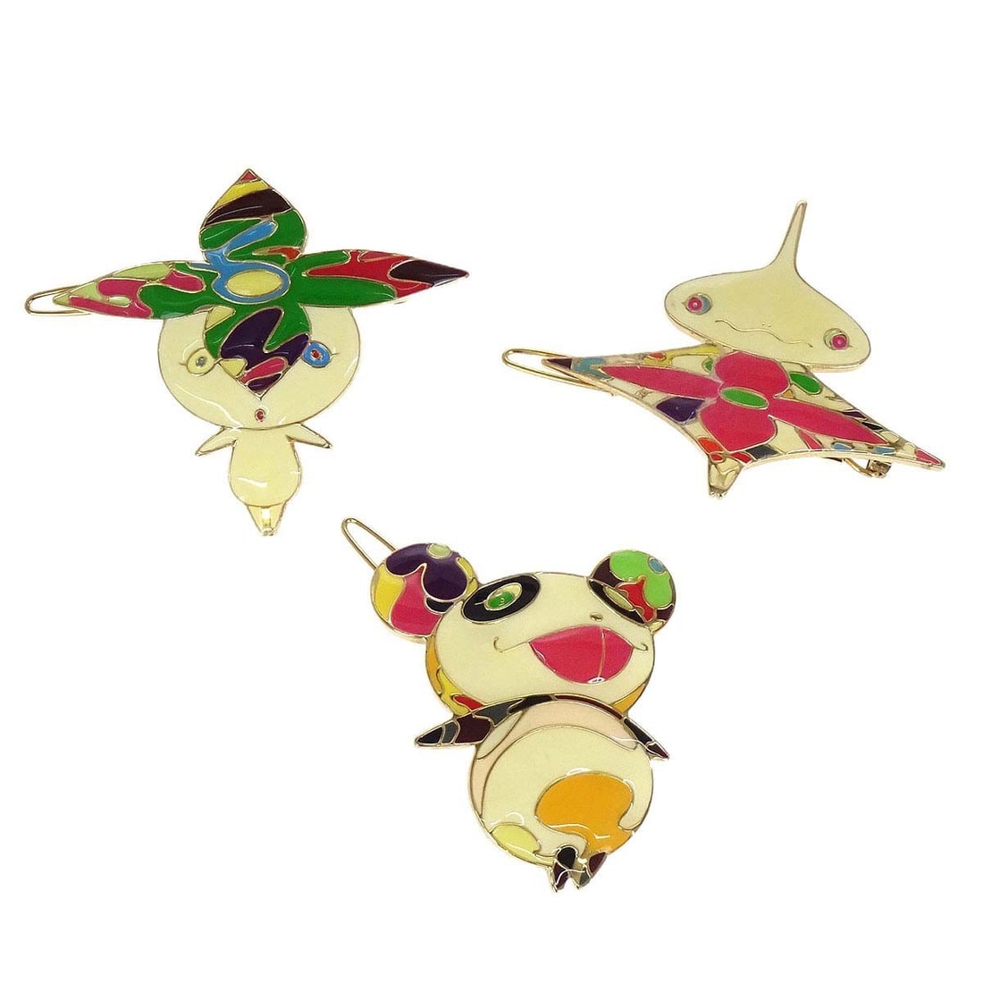 Louis Vuitton M92595 Gold Plated Barrette Panda Onion Head Flower Boy: Louis Vuitton M92595 Gold Plated Barrette Panda Onion Head Flower Boy Louis Vuitton hair barrette in gold-plated metal featuring Panda, Onion Head, and Flower Boy motifs. This pre-owned piece shows re