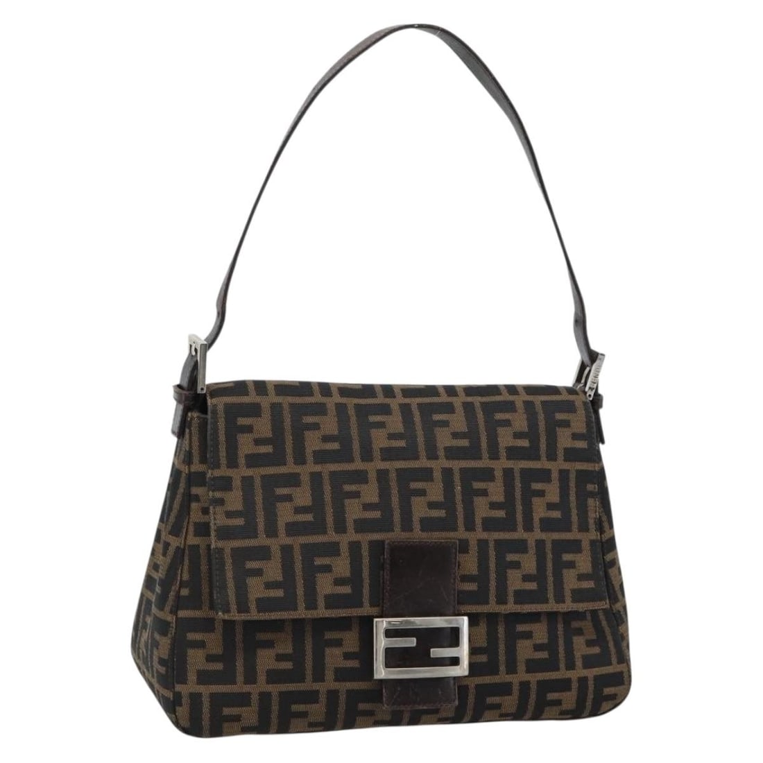 FENDI Mamma Baguette Shoulder Bag in Black Brown Zucca Canvas: FENDI Mamma Baguette Shoulder Bag in Black Brown Zucca Canvas Authentic FENDI Mamma Baguette shoulder bag in black and brown Zucca canvas. This women's shoulder bag is made in Italy and features an ad