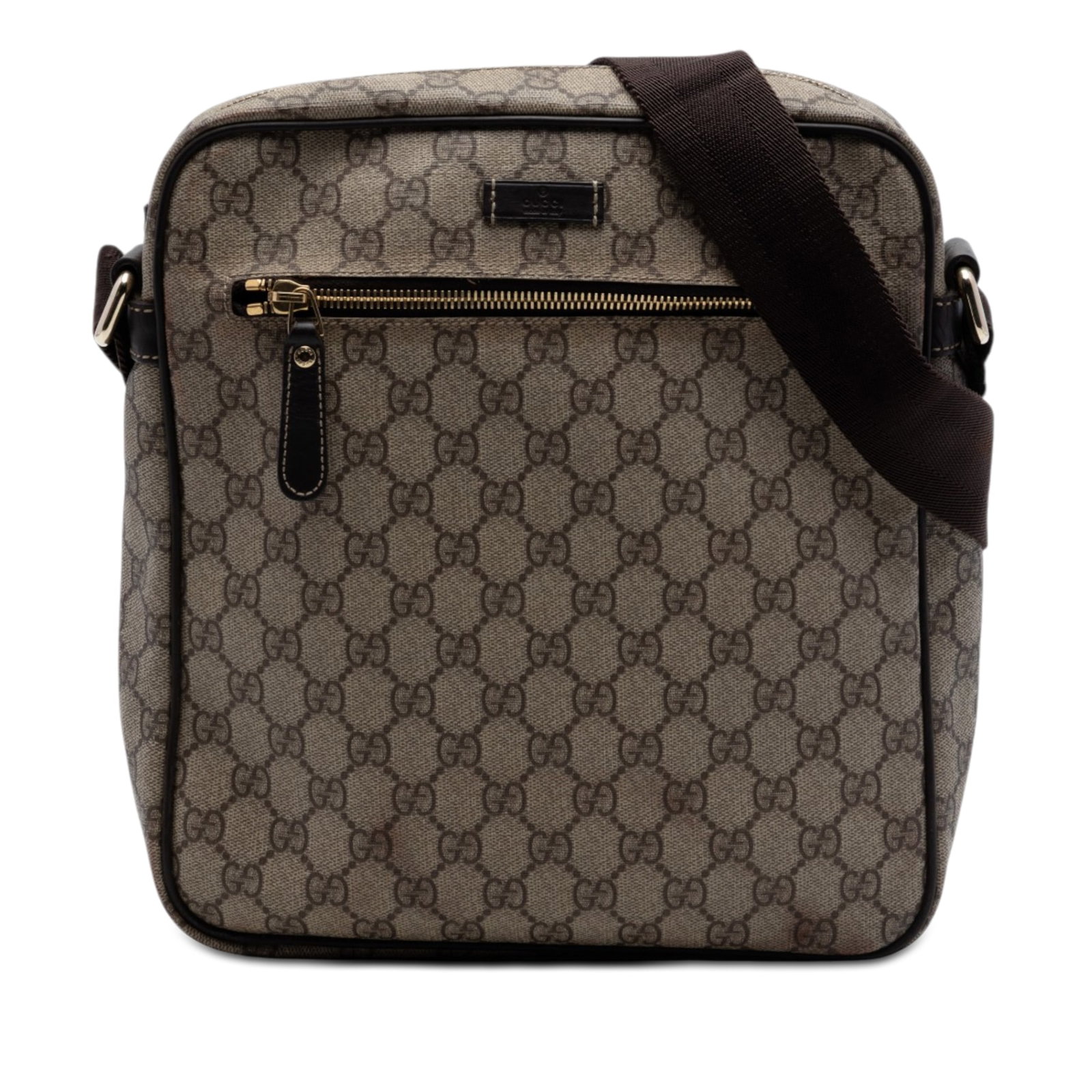 Gucci GG Supreme beige coated canvas crossbody bag: Gucci GG Supreme beige coated canvas crossbody bag Gucci GG Supreme crossbody bag with a coated canvas body and leather trim. The design includes an adjustable flat strap, a top zip closure, an exteri
