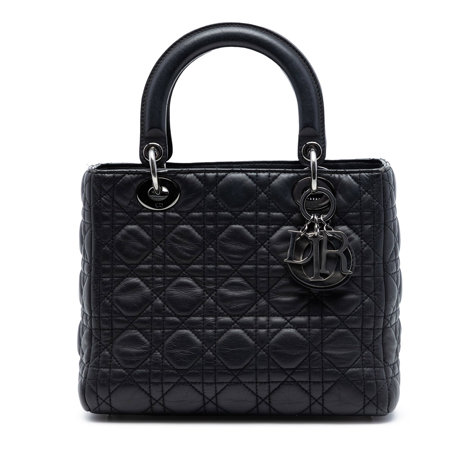 Dior Lady Dior Medium Lambskin Cannage Bag: Dior Lady Dior Medium Lambskin Cannage Bag This Medium Lambskin Cannage Lady Dior bag features a quilted lambskin leather body in black, flat leather top handles, a top zip closure, and an interior zi