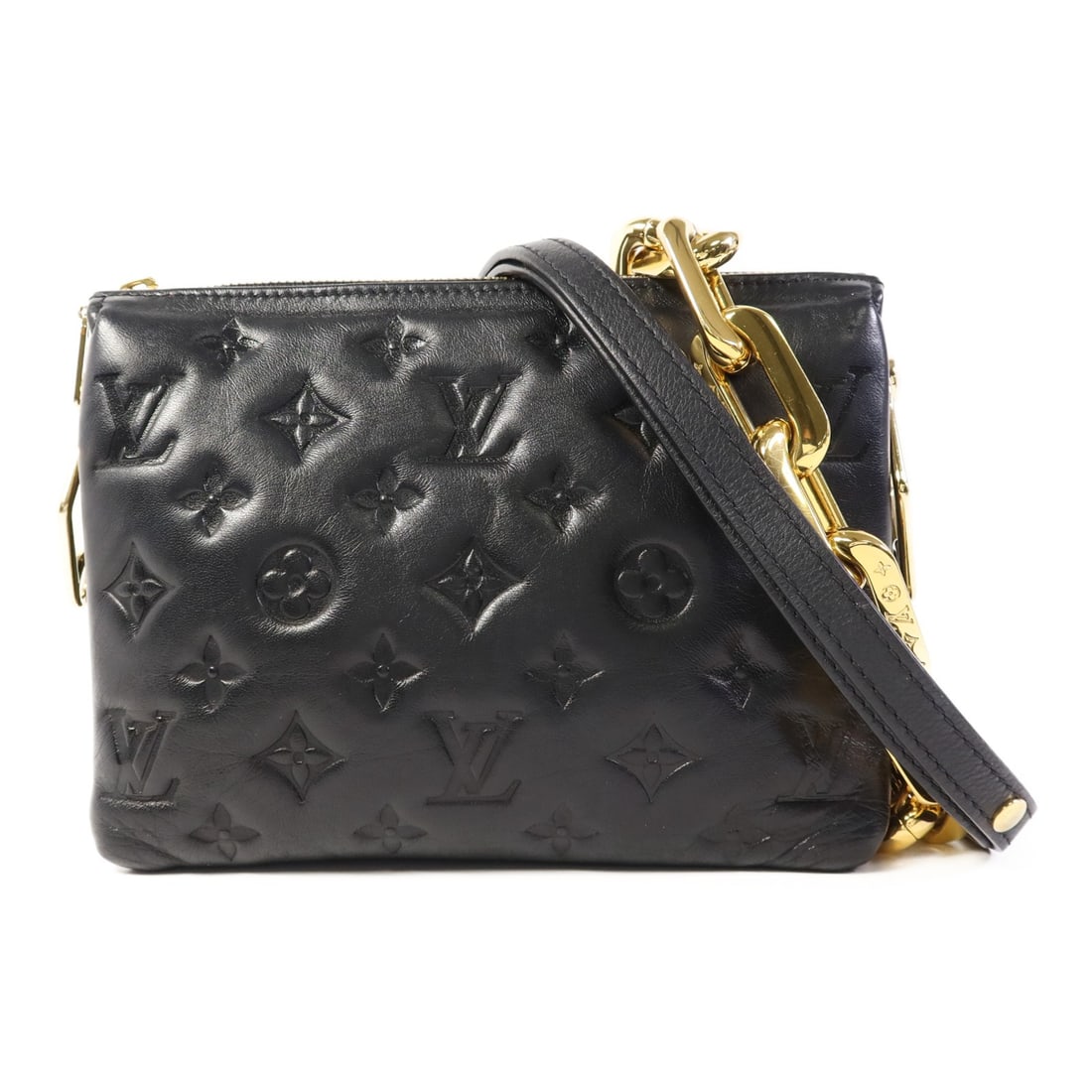 Louis Vuitton Coussin BB M21259 Black Lambskin 2 Way Shoulder Bag: Louis Vuitton Coussin BB M21259 Black Lambskin 2 Way Shoulder Bag Louis Vuitton Coussin BB 2 Way Shoulder Bag in black monogram embossed lambskin (sheep leather). This women's bag is made in France an