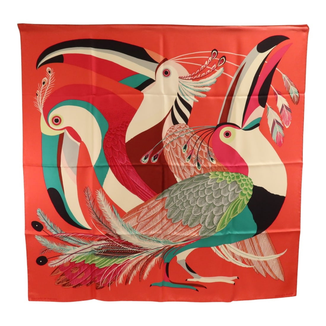 Hermes Silk Scarf 90x90cm Pink Green Multicolor with Box: Hermes Silk Scarf 90x90cm Pink Green Multicolor with Box Hermes women's silk scarf in pink, green, and multicolor. This 90 x 90 cm scarf is made in France and includes a storage box. Condition is AB: 