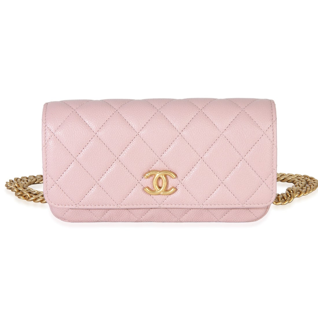 Chanel Phone Holder With Chain Pink Quilted Caviar Shoulder Bag: Chanel Phone Holder With Chain Pink Quilted Caviar Shoulder Bag Pre-owned Chanel Phone Holder With Chain in light pink quilted caviar leather. This compact shoulder bag features a magnetic snap closur