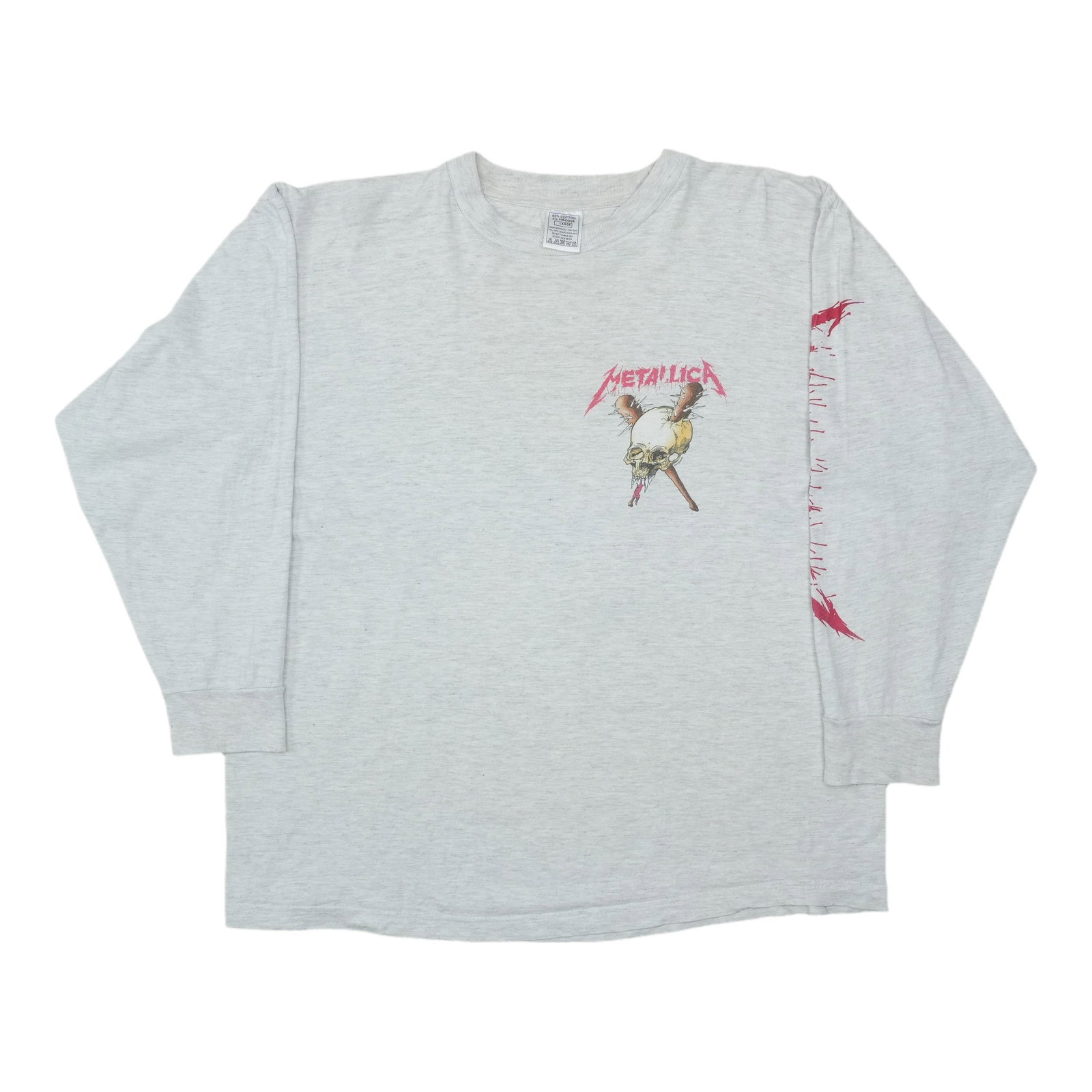 Gray 1990s Metallica Pushead One Long Sleeve Cotton Shirt: Gray 1990s Metallica Pushead One Long Sleeve Cotton Shirt Authentic vintage 1990s Metallica One Pushead long sleeve shirt. This original single stitch shirt is described as a true vintage piece, not a