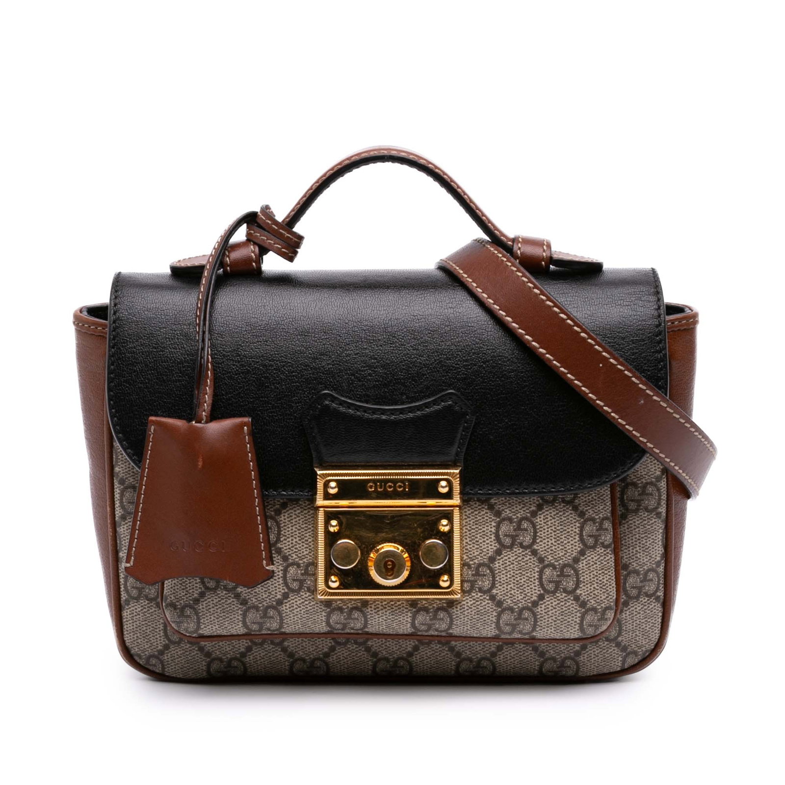 Gucci Padlock Mini Satchel GG Supreme Calfskin Beige: Gucci Padlock Mini Satchel GG Supreme Calfskin Beige Gucci Mini GG Supreme and calfskin Padlock flap pocket satchel with a coated canvas body and leather trim. This satchel features a flat leather top