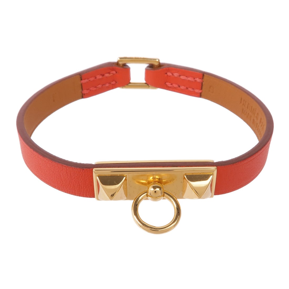 Hermes Rivale Mini Bracelet Rose Jaipur Swift Leather Gold Tone: Hermes Rivale Mini Bracelet Rose Jaipur Swift Leather Gold Tone Hermes Rivale Mini bracelet in Veau Swift leather and calfskin (cowhide), presented in Rose Jaipur and red. This women's bracelet is mad